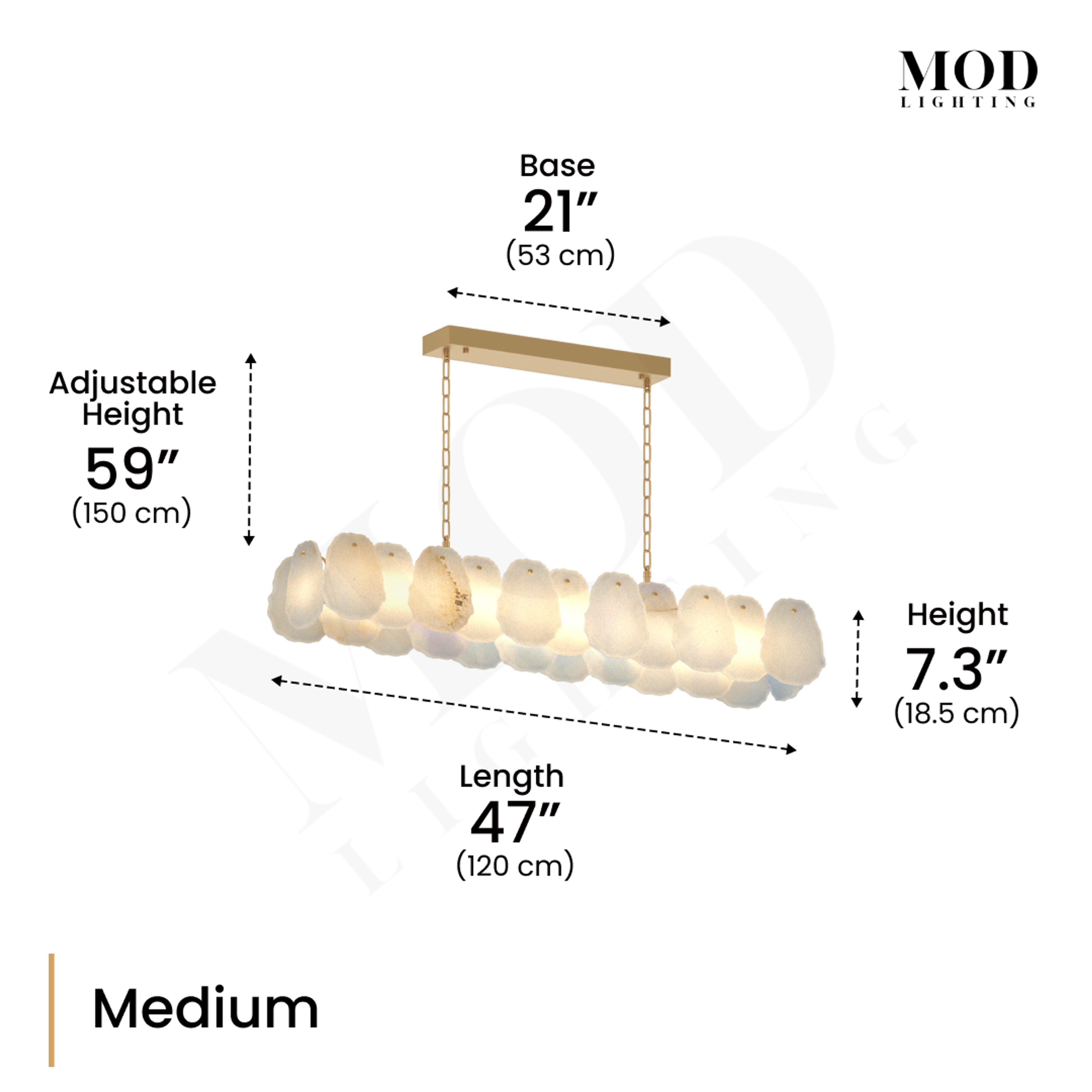 Alba Pendant dimension diagram, Medium: 47 in length, 21 in base, 7.3 in height, 59 in adjustable drop