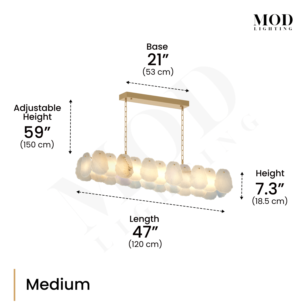 Alba Pendant dimension diagram, Medium: 47 in length, 21 in base, 7.3 in height, 59 in adjustable drop