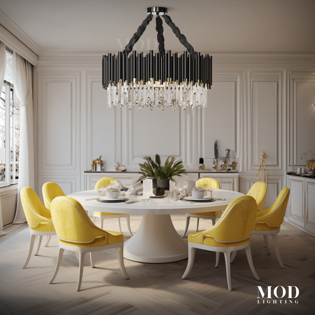 Obsidian black crystal chandelier with tiered rods over a round dining table with yellow chairs