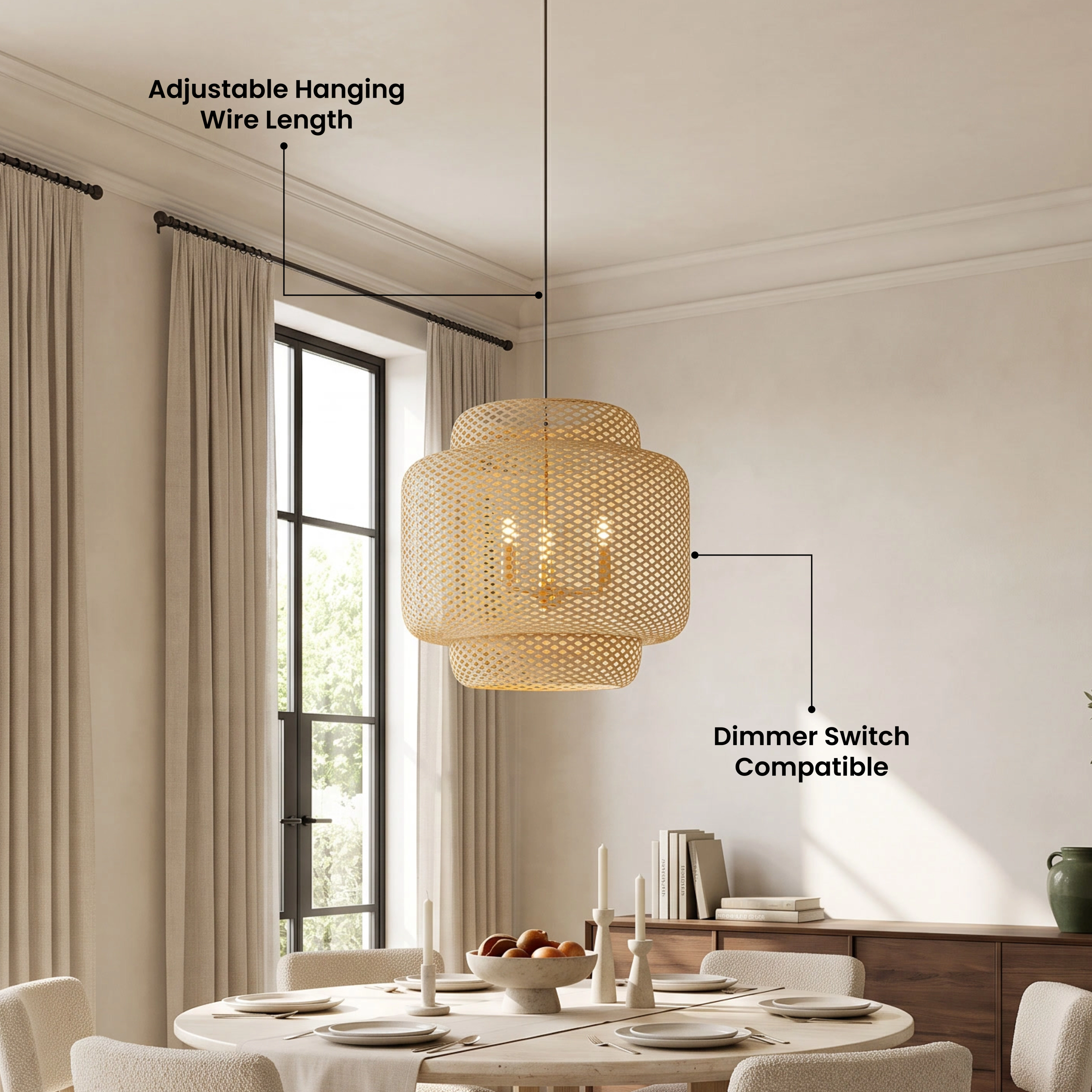 Elva woven bamboo lantern pendants, tiered barrel form, cluster hung in a white arched hallway