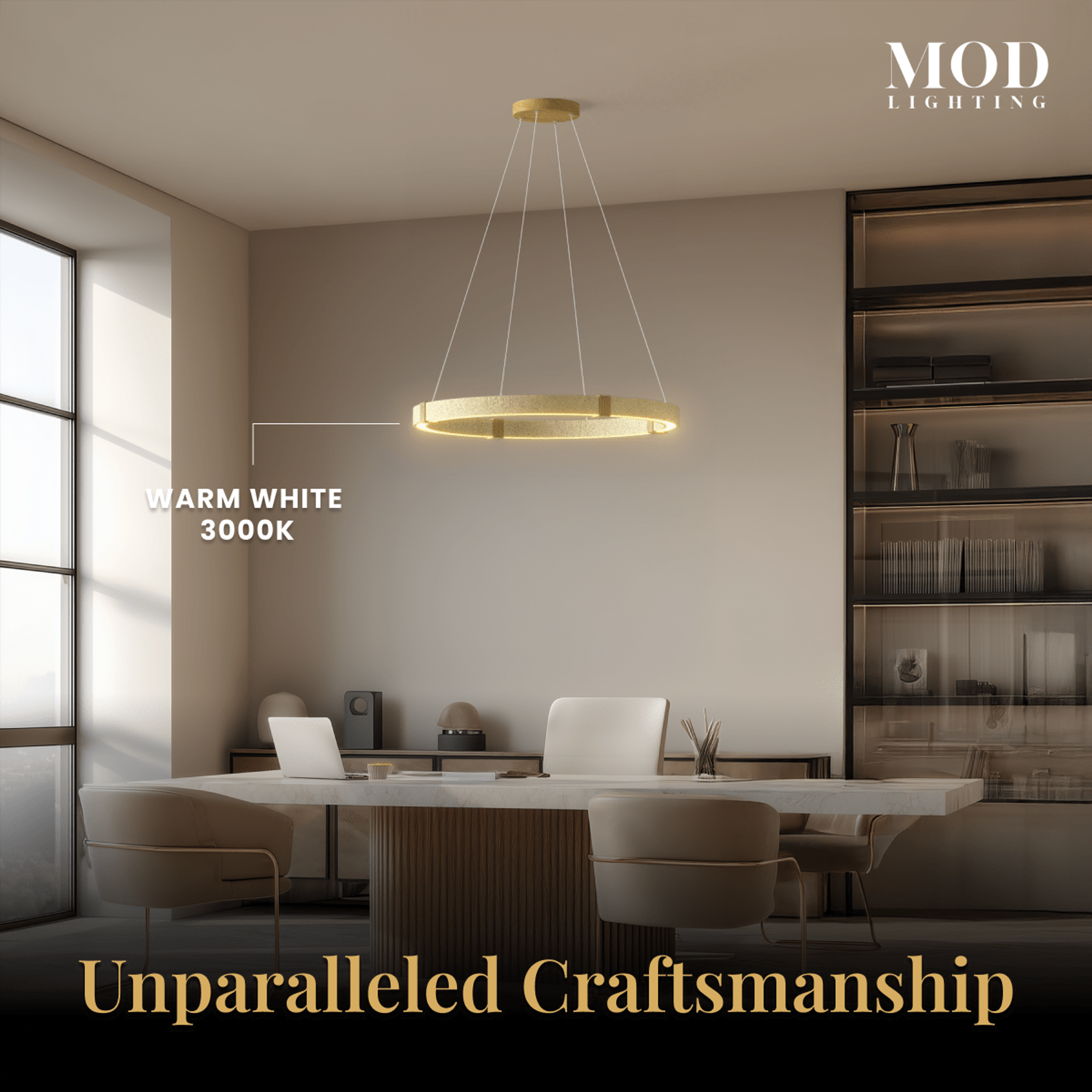 Arabella travertine stone chandelier, gold ring pendant over a meeting table, warm white 3000K, Unparalleled Craftsmanship