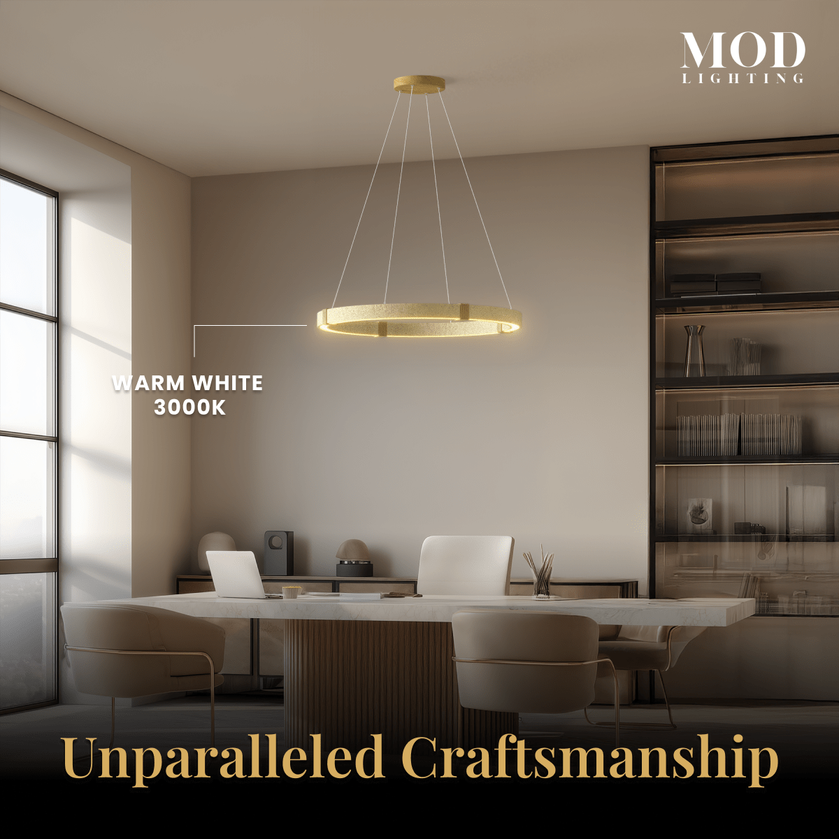 Arabella travertine stone chandelier, gold ring pendant over a meeting table, warm white 3000K, Unparalleled Craftsmanship