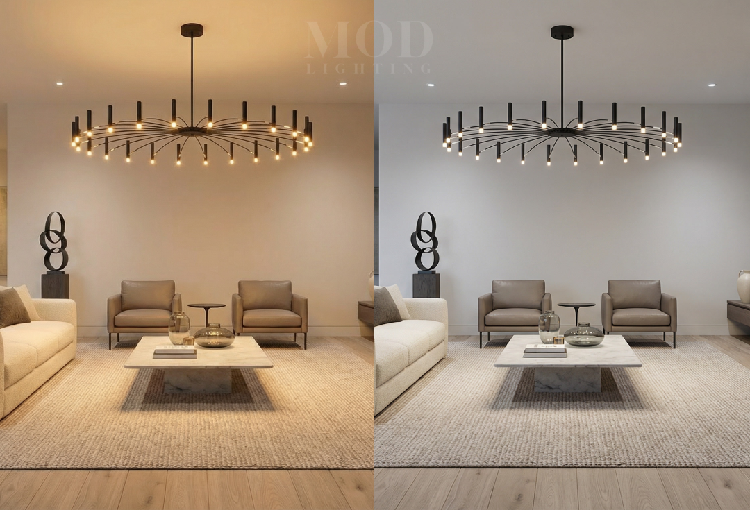 same living room under 2700K warm white vs 4000K cool white