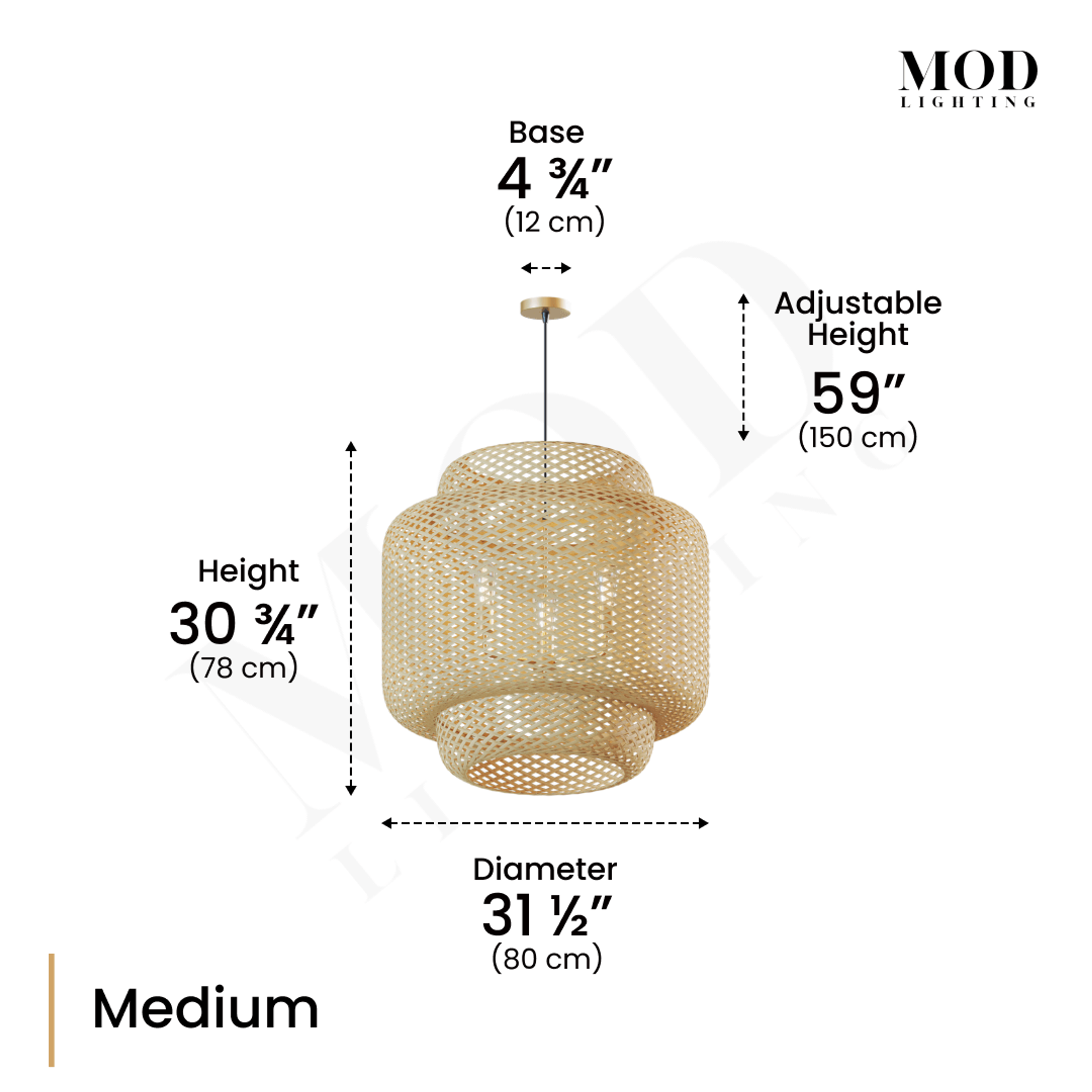 Elva bamboo lantern pendant dimensions, Medium: 30.75in height, 31.5in diameter, 59in adjustable drop