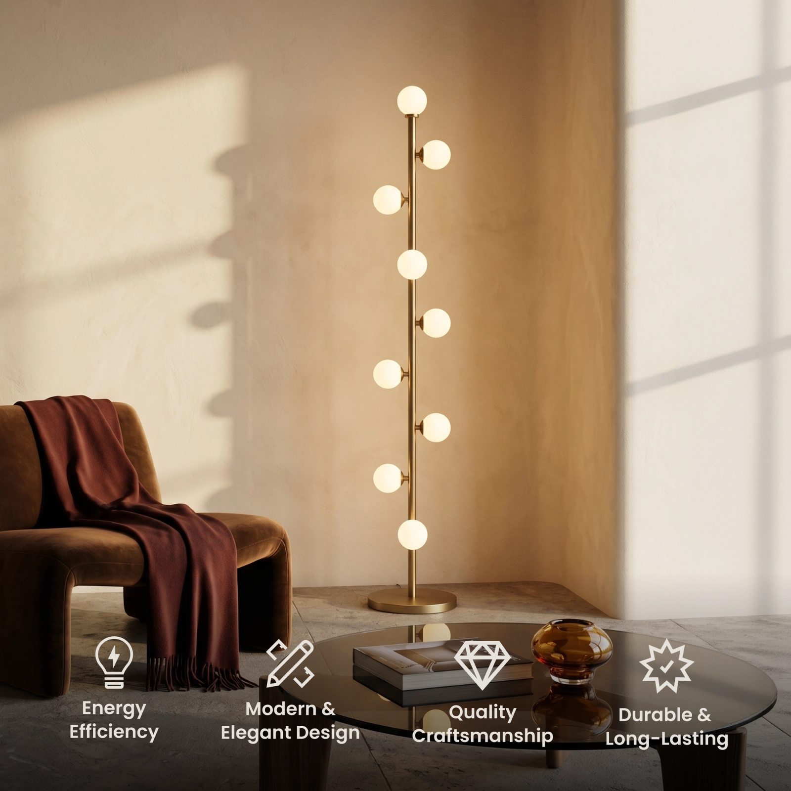 Pearl gold floor lamp with stacked white sphere bulbs beside a sofa in a dim living room