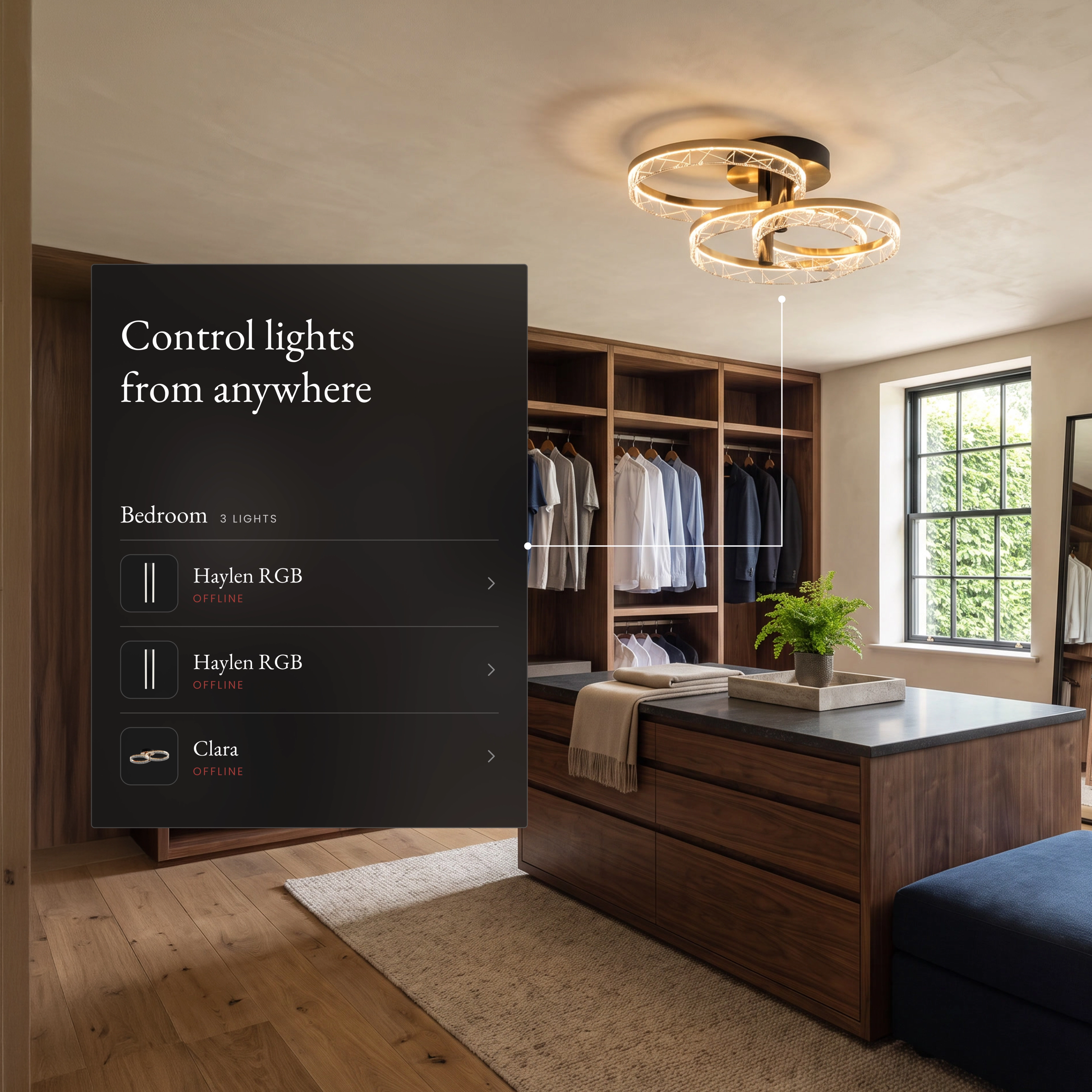 Clara Smart ceiling light over a walk-in closet with the app room list for control from anywhere
