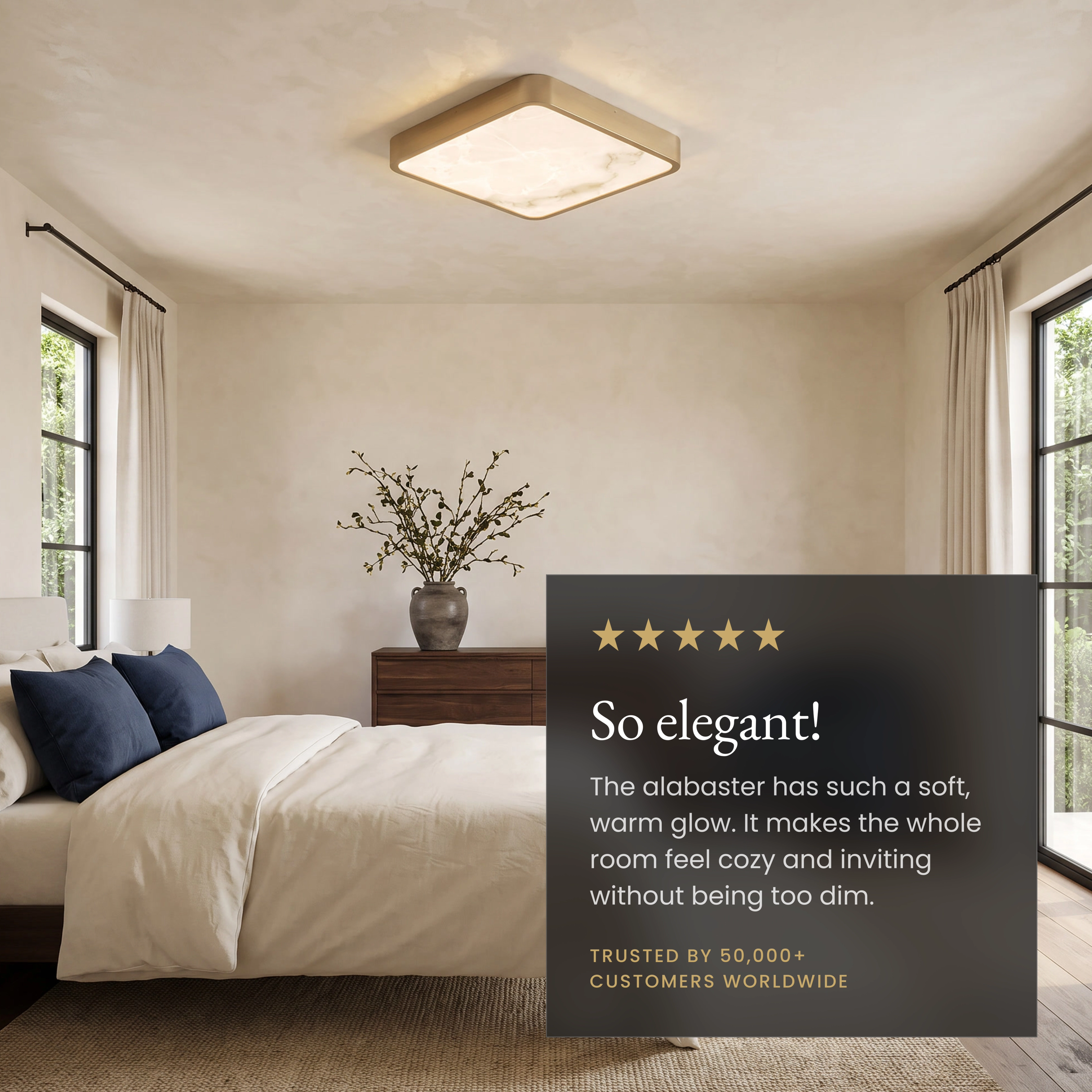 Selene gold square alabaster flush-mount ceiling light on a high ceiling in a sitting room