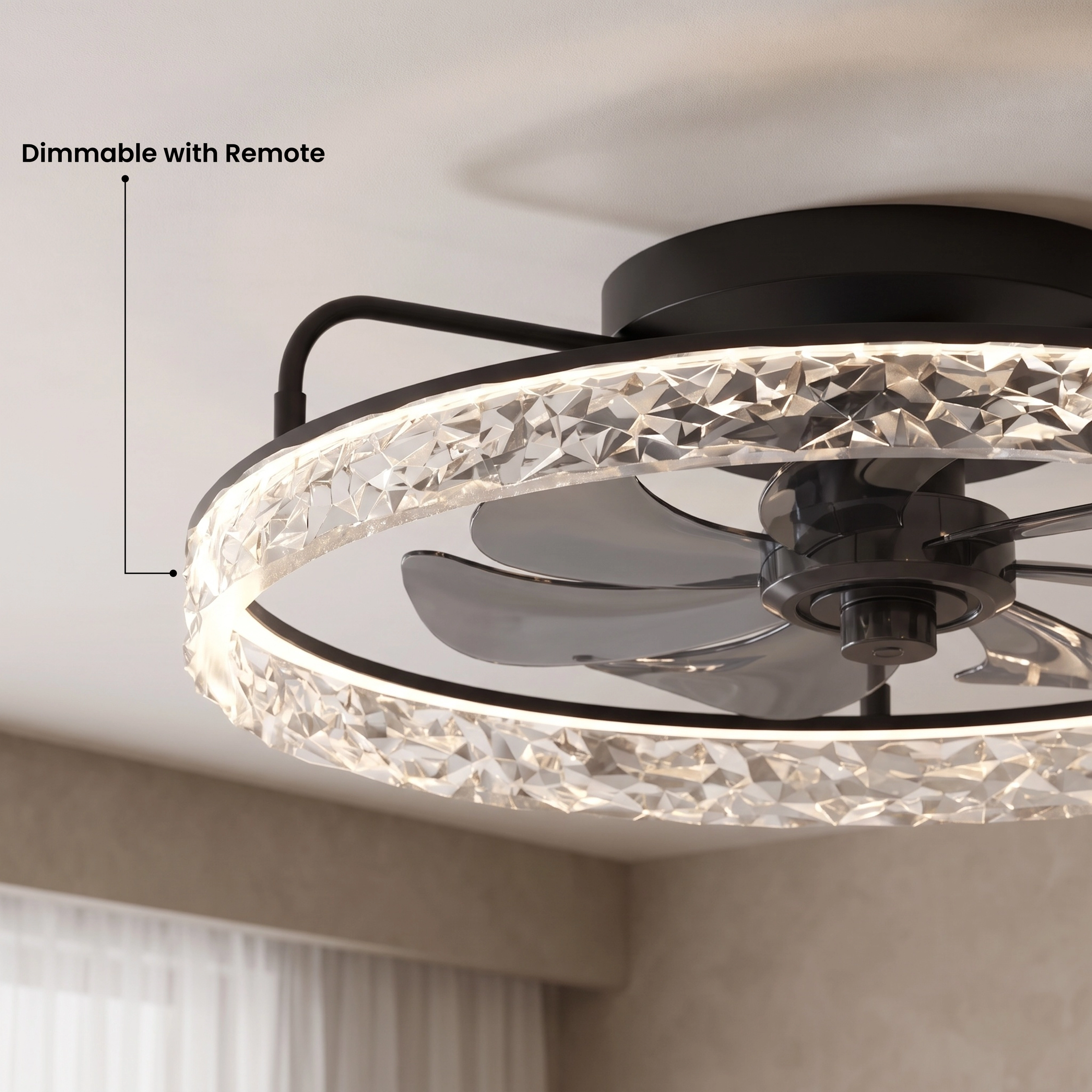 Ventara crystal-ring ceiling fan light, callouts for remote dimming, timer and memory, 6-speed reversible motor