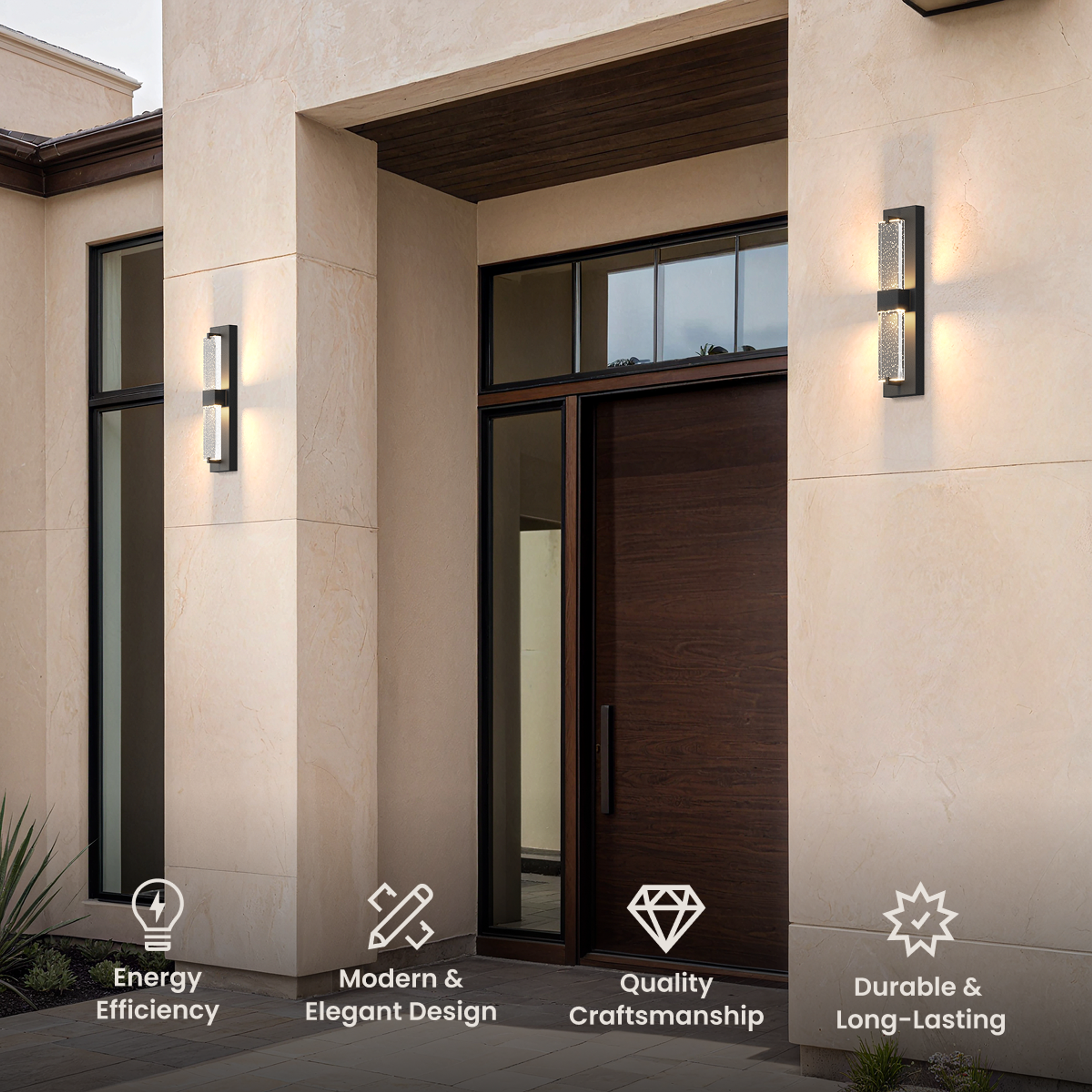 Noir outdoor sconces, elongated black frames with illuminated crystal accents flanking a dark wood door