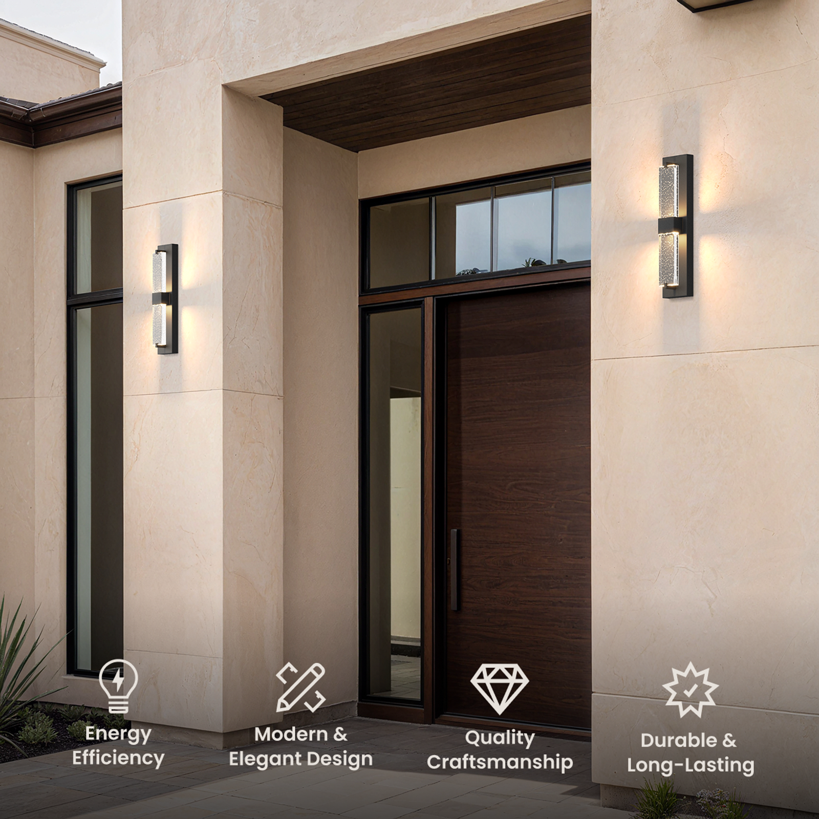 Noir outdoor sconces, elongated black frames with illuminated crystal accents flanking a dark wood door