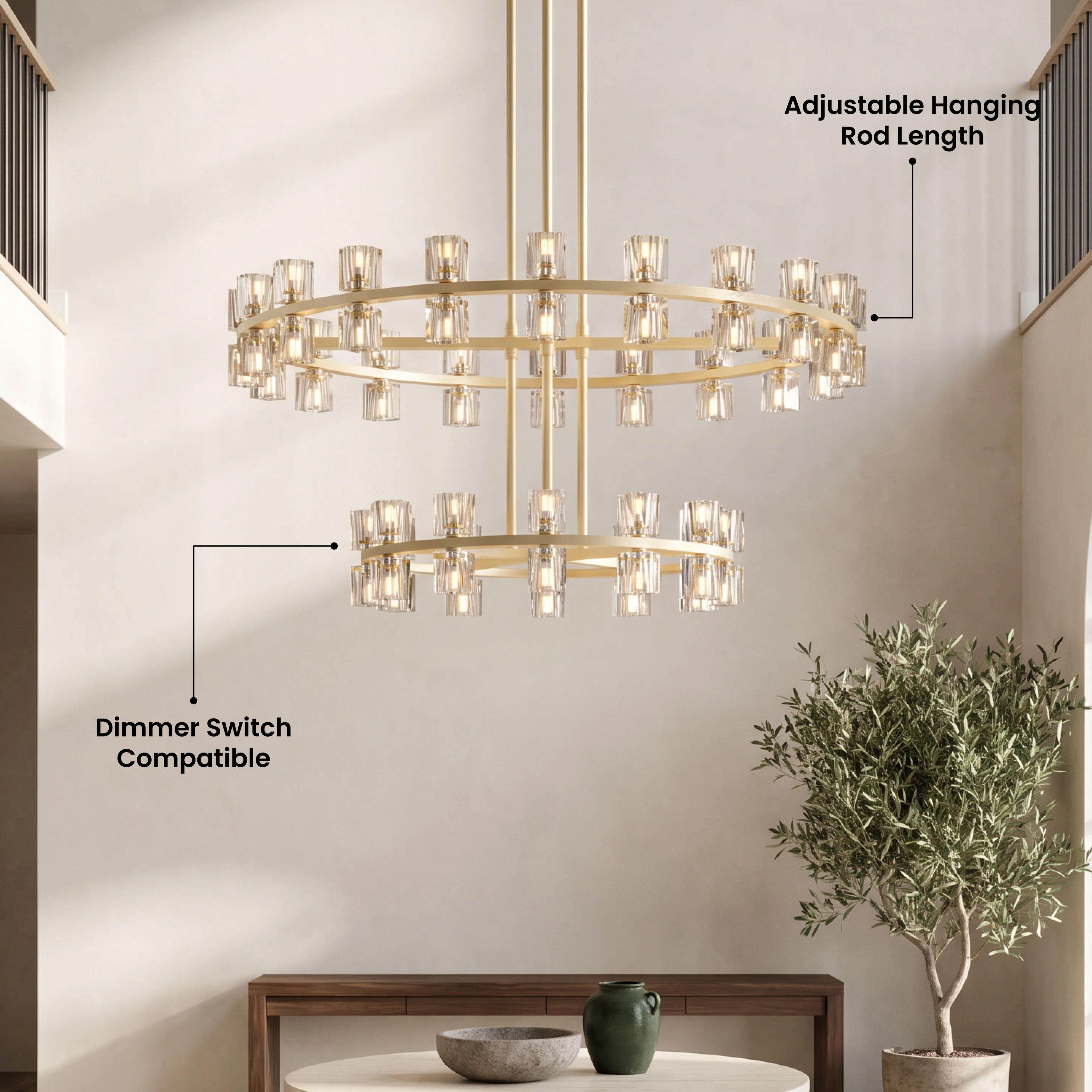Sunset brass chandelier with crystal shades, two-tiered ring form, in a bright two-story living room