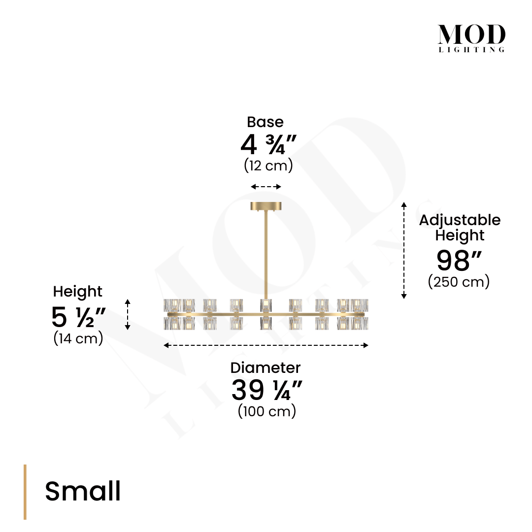 Sunrise brass crystal chandelier dimension diagram, single-tier ring of cube-cut crystals, Small size specs