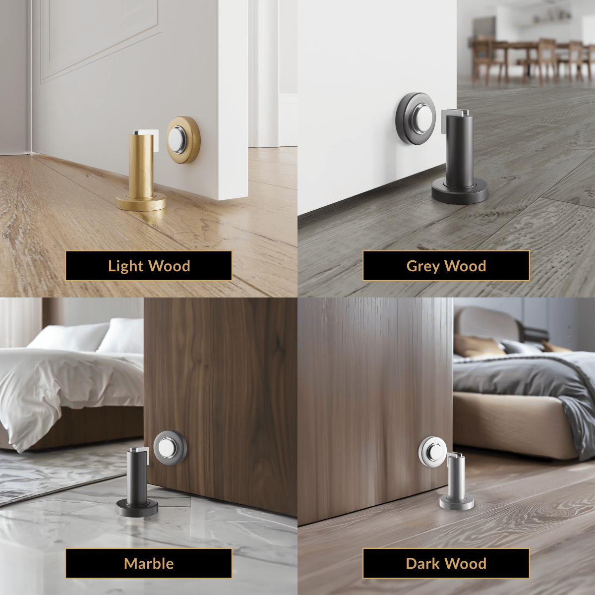 Avi Door Stop shown in brushed gold, grey, marble and dark-wood floor settings by doors