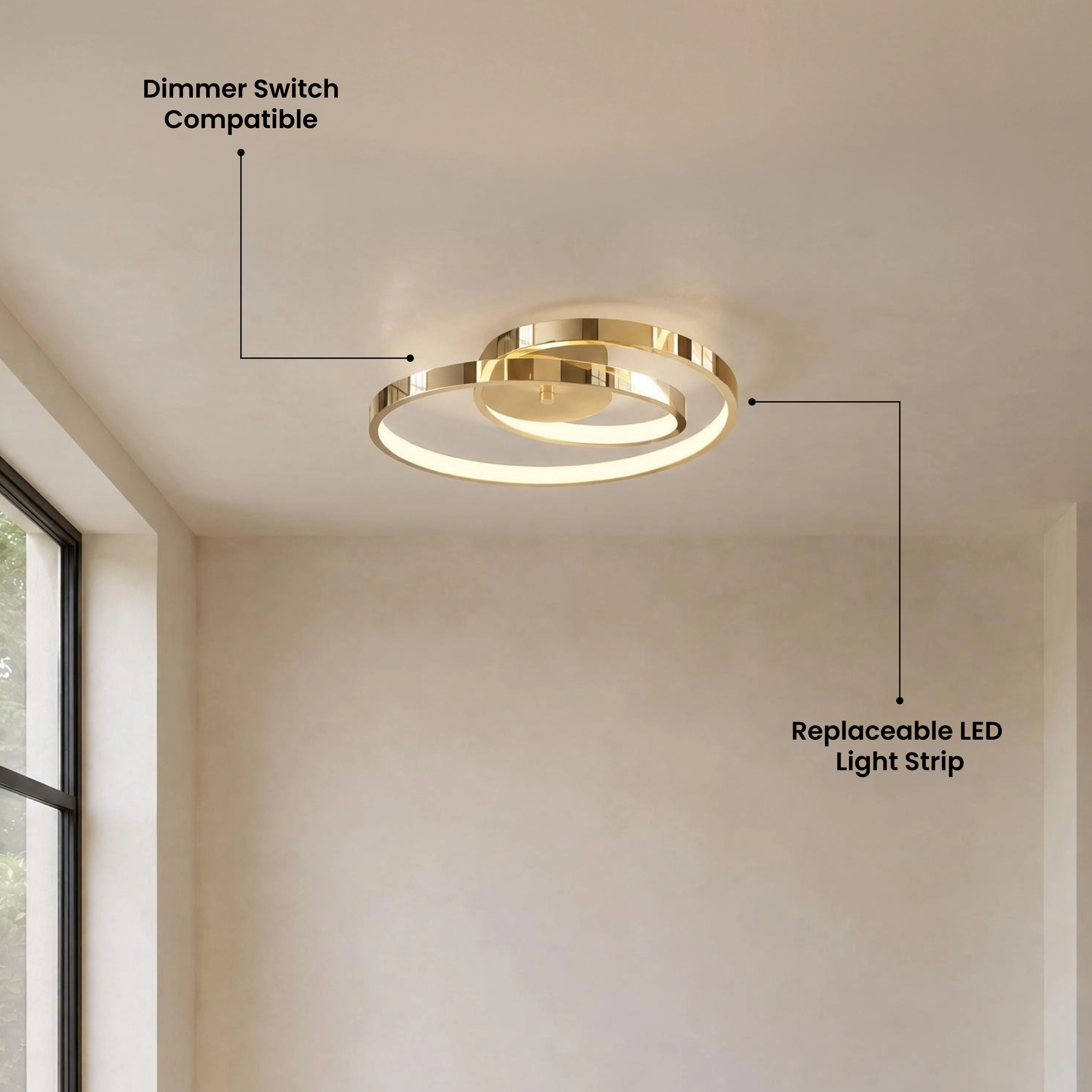 Elise gold spiral-ring flush-mount ceiling light in a modern bedroom