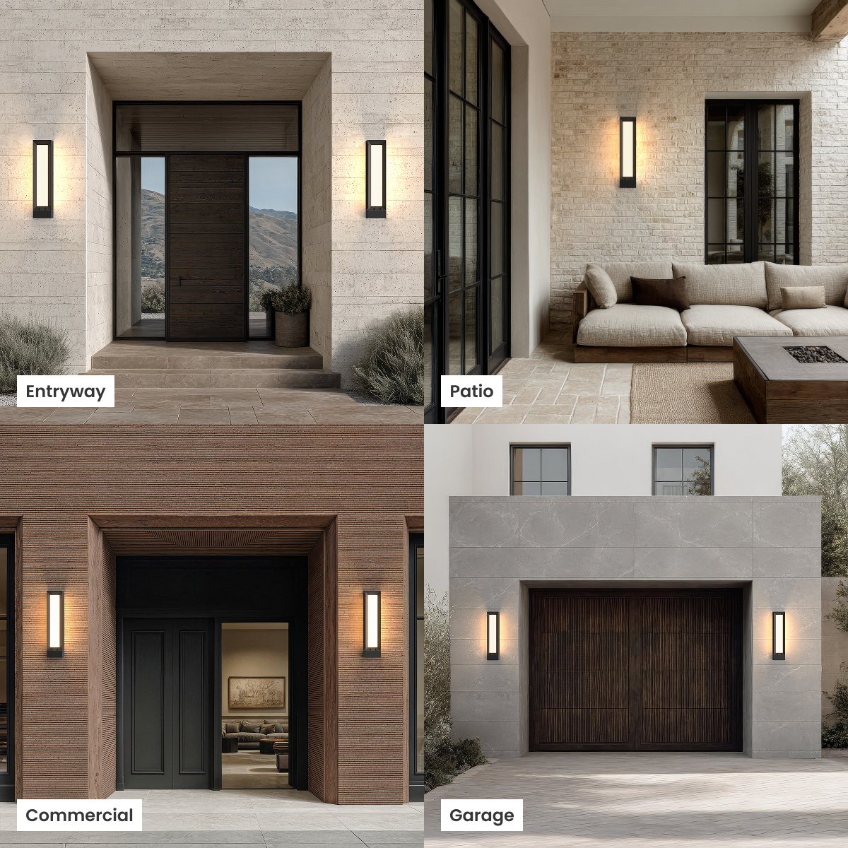 Haven black slim outdoor sconce shown in four settings: entryway, patio, commercial and garage