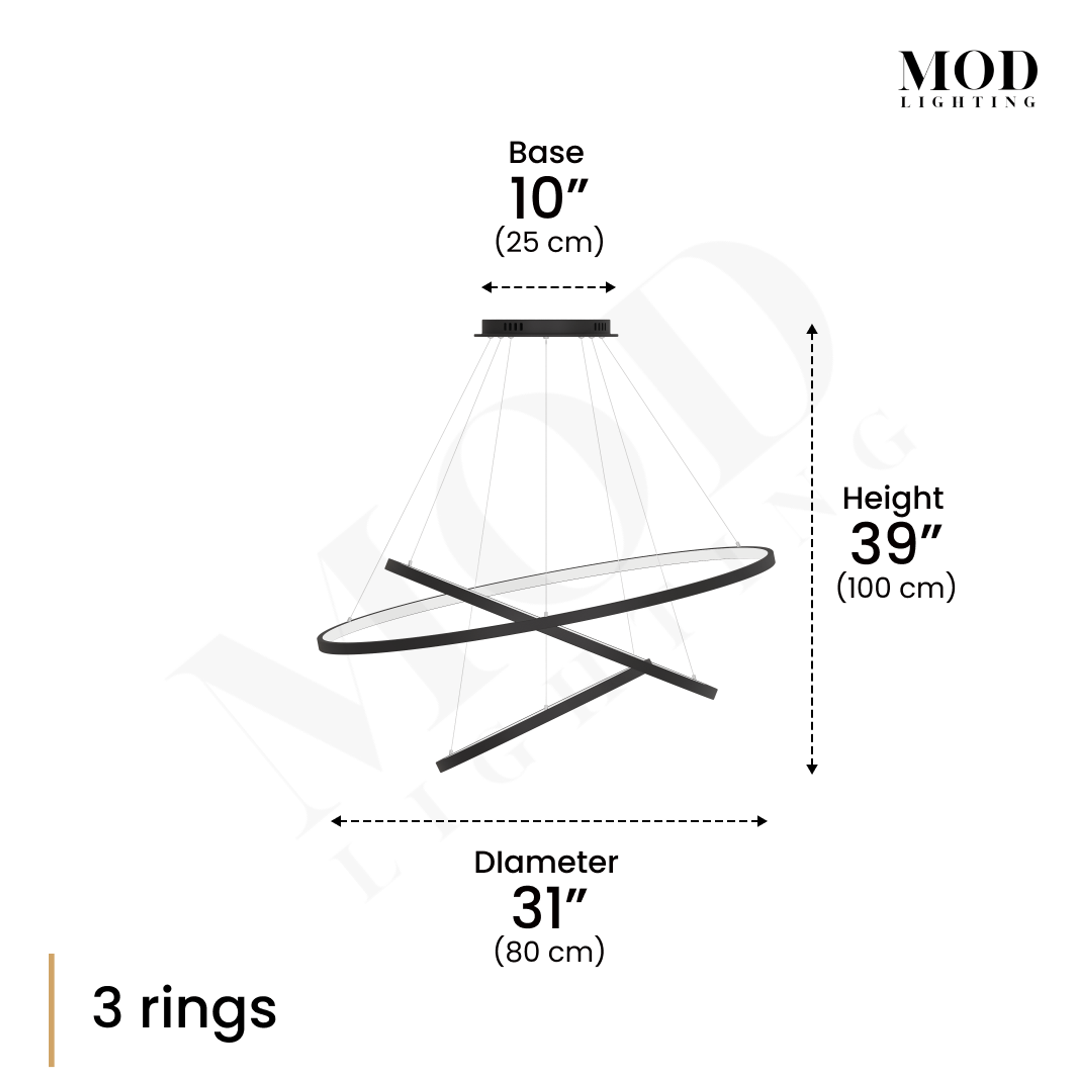 Janet dimension diagram, 3 interlocking black LED rings and bars, 10" base, 31" diameter, 39" height