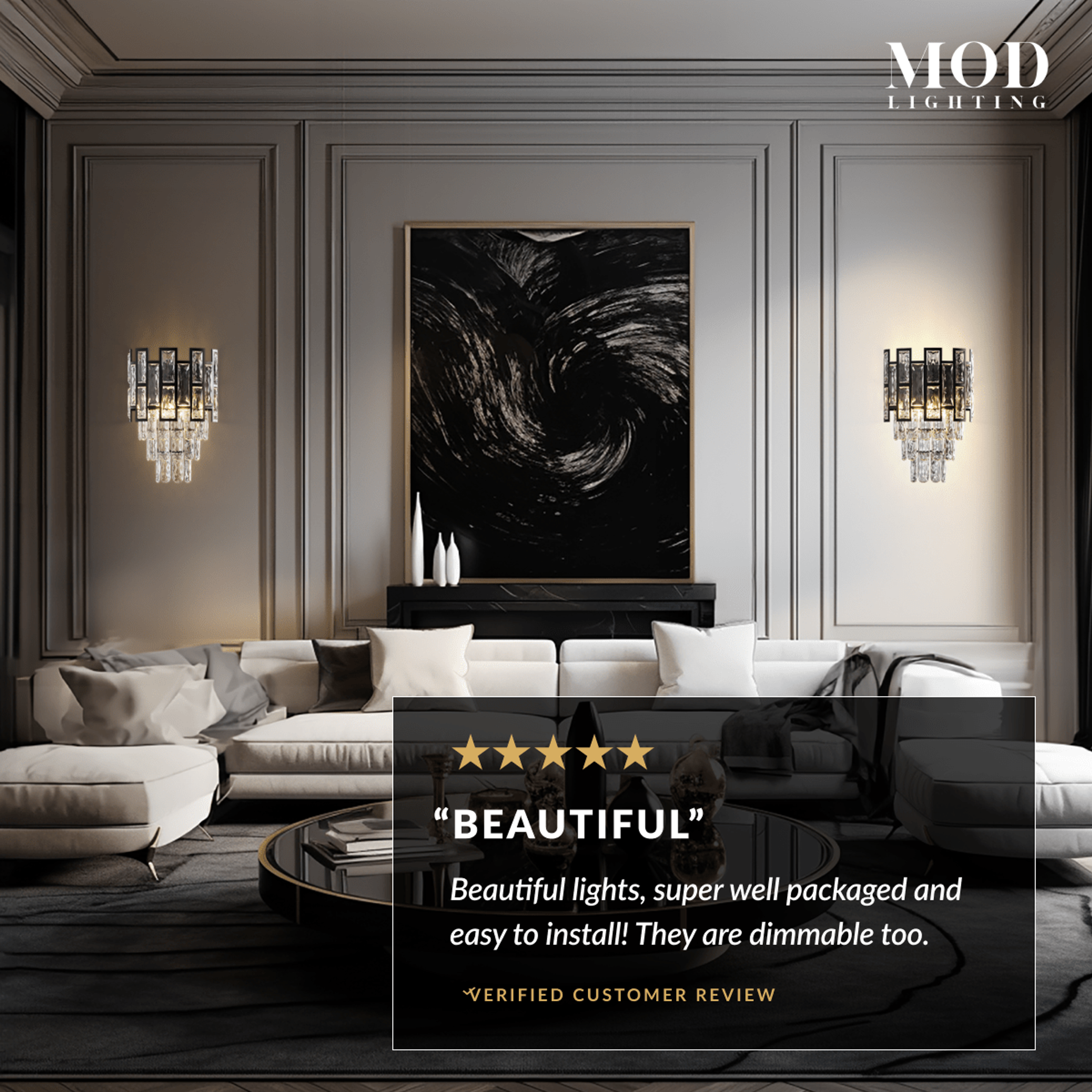 Raven black crystal sconce lighting a dark styled living room, with a five-star customer review overlay