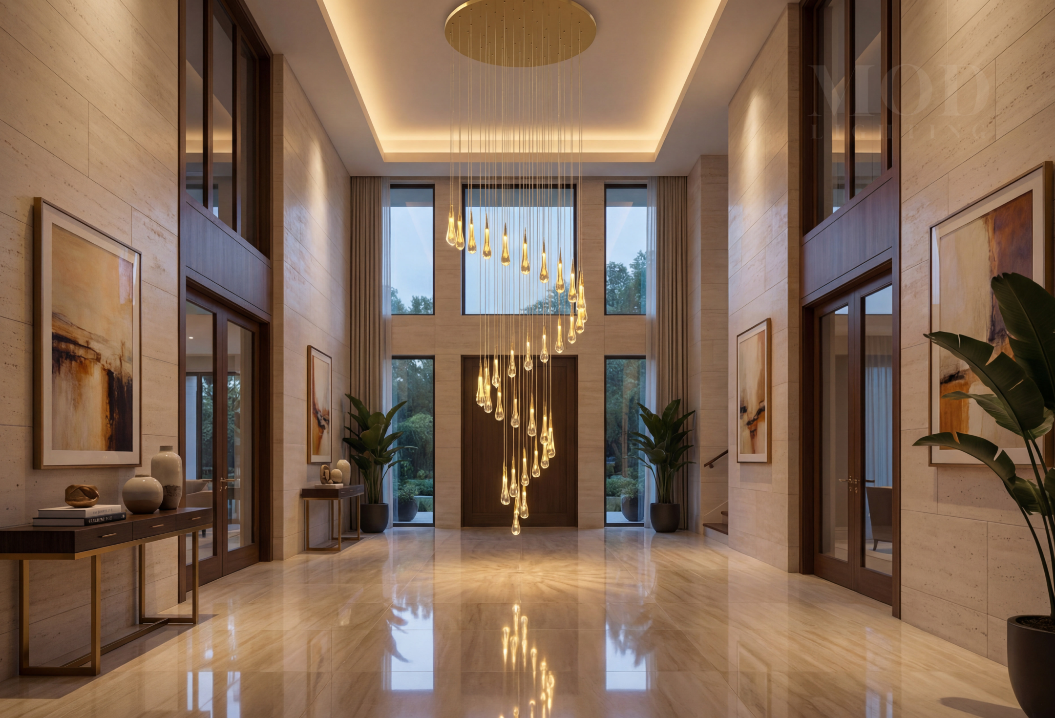 Double-height foyer with crystal chandelier, dramatic drop length