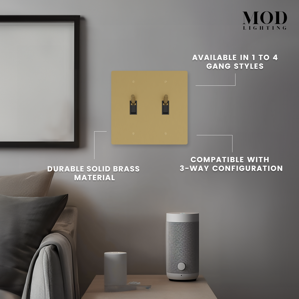 Modern Toggle Switch in brushed-gold solid brass, two-gang plate labeled 1 to 4 gang and 3-way compatible