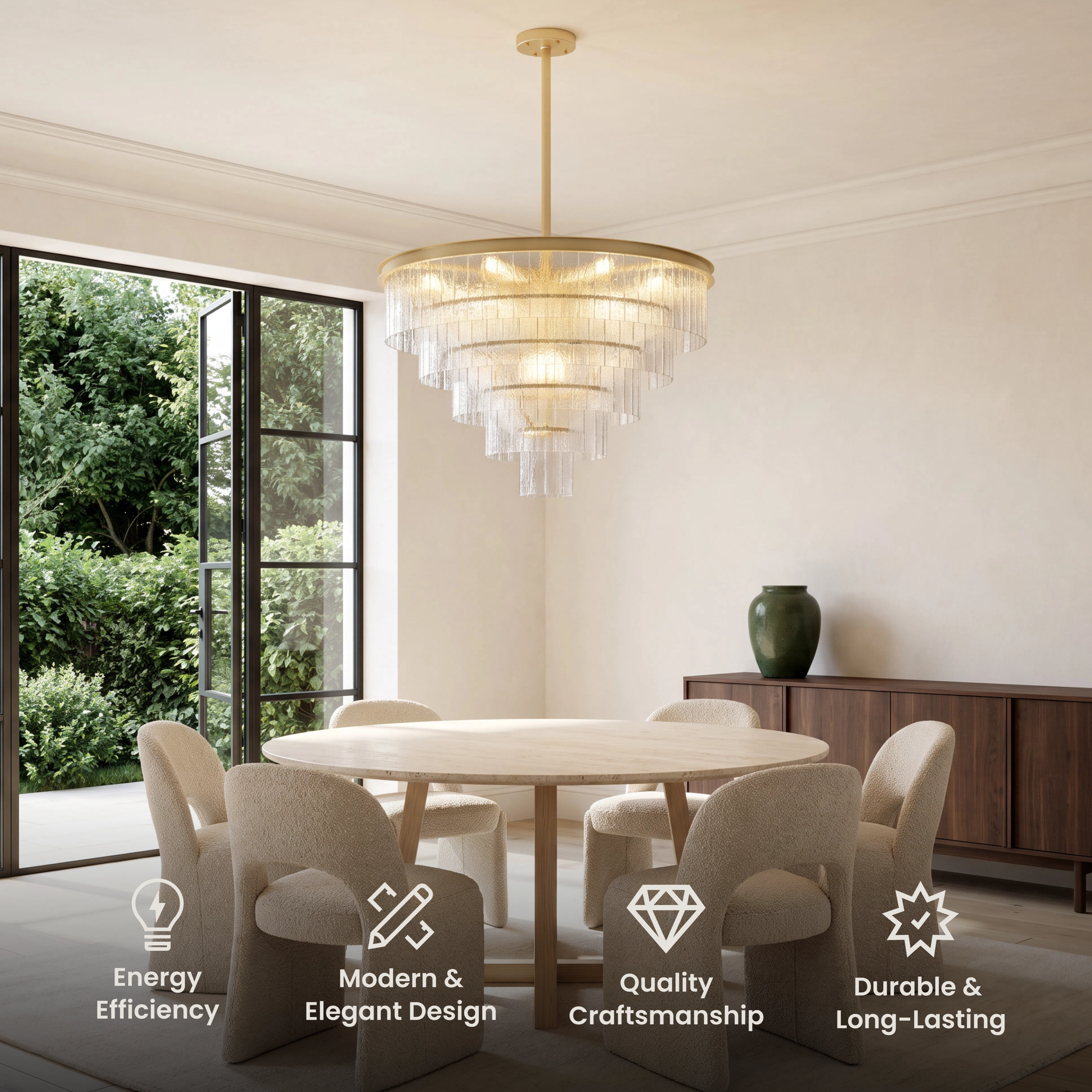 Cascade crystal chandelier, gold frame with tiered textured crystal rods, lit above a seating area