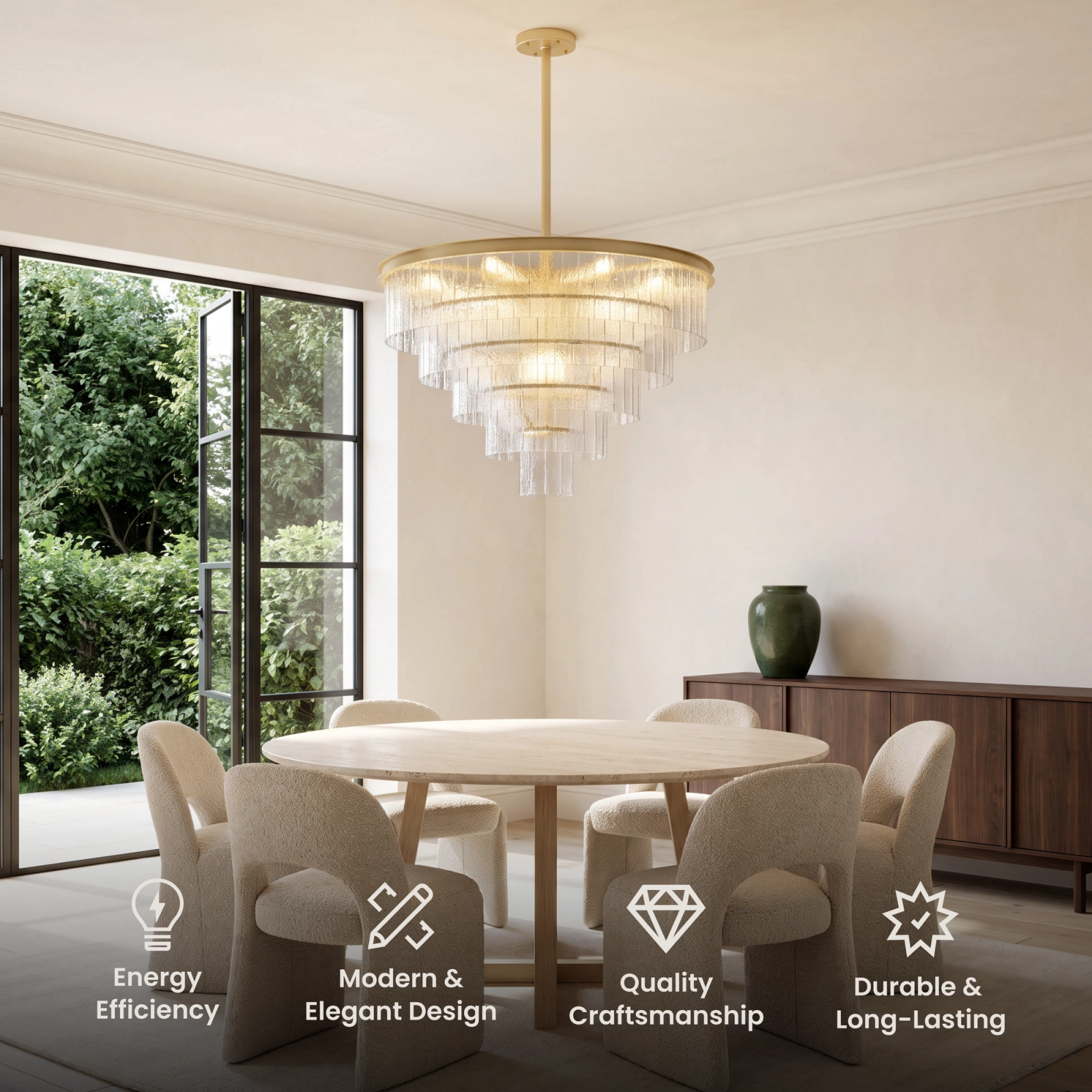 Cascade crystal chandelier, gold frame with tiered textured crystal rods, lit above a seating area