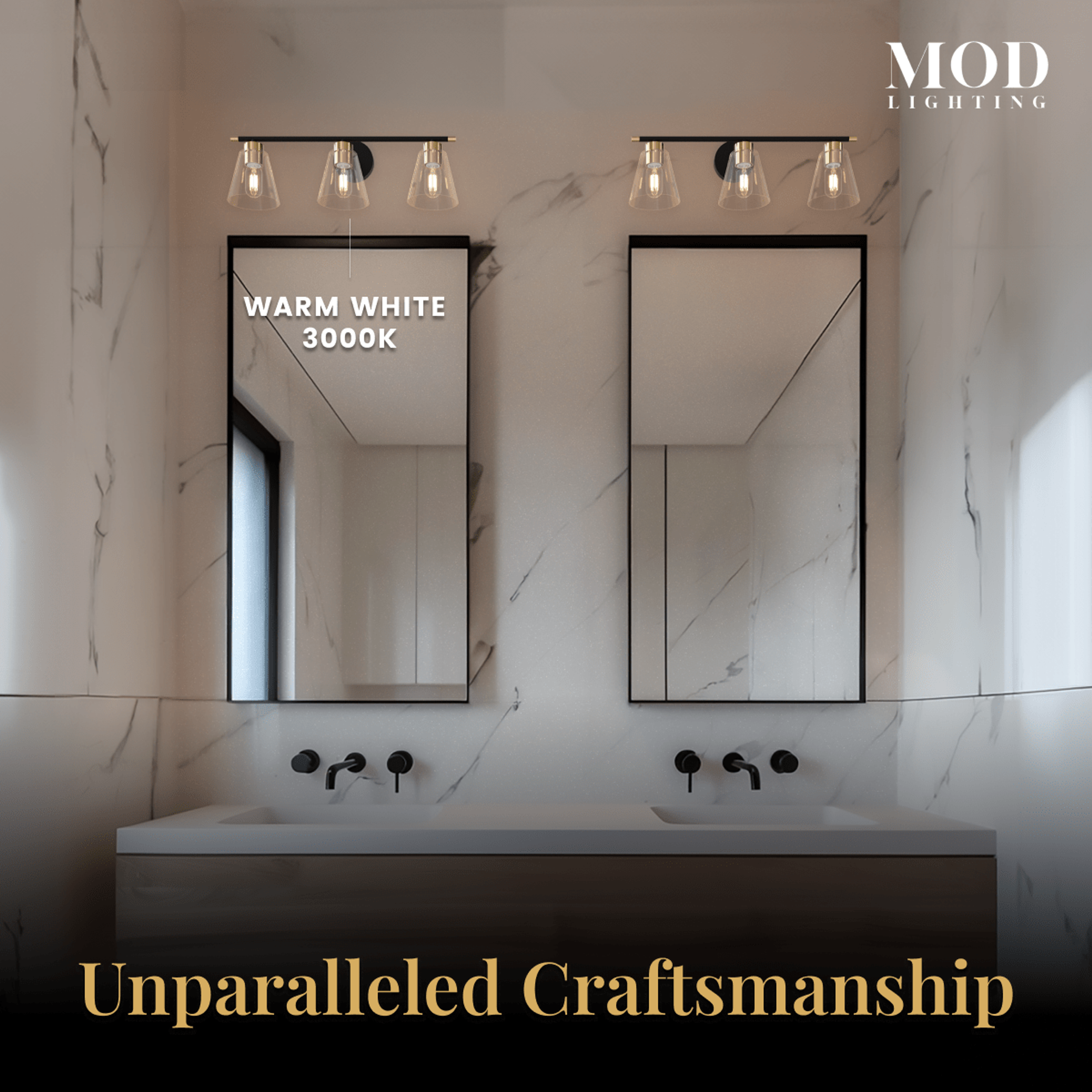 Sienna three-light vanity light shown in warm white 3000K over two mirrors on a marble wall