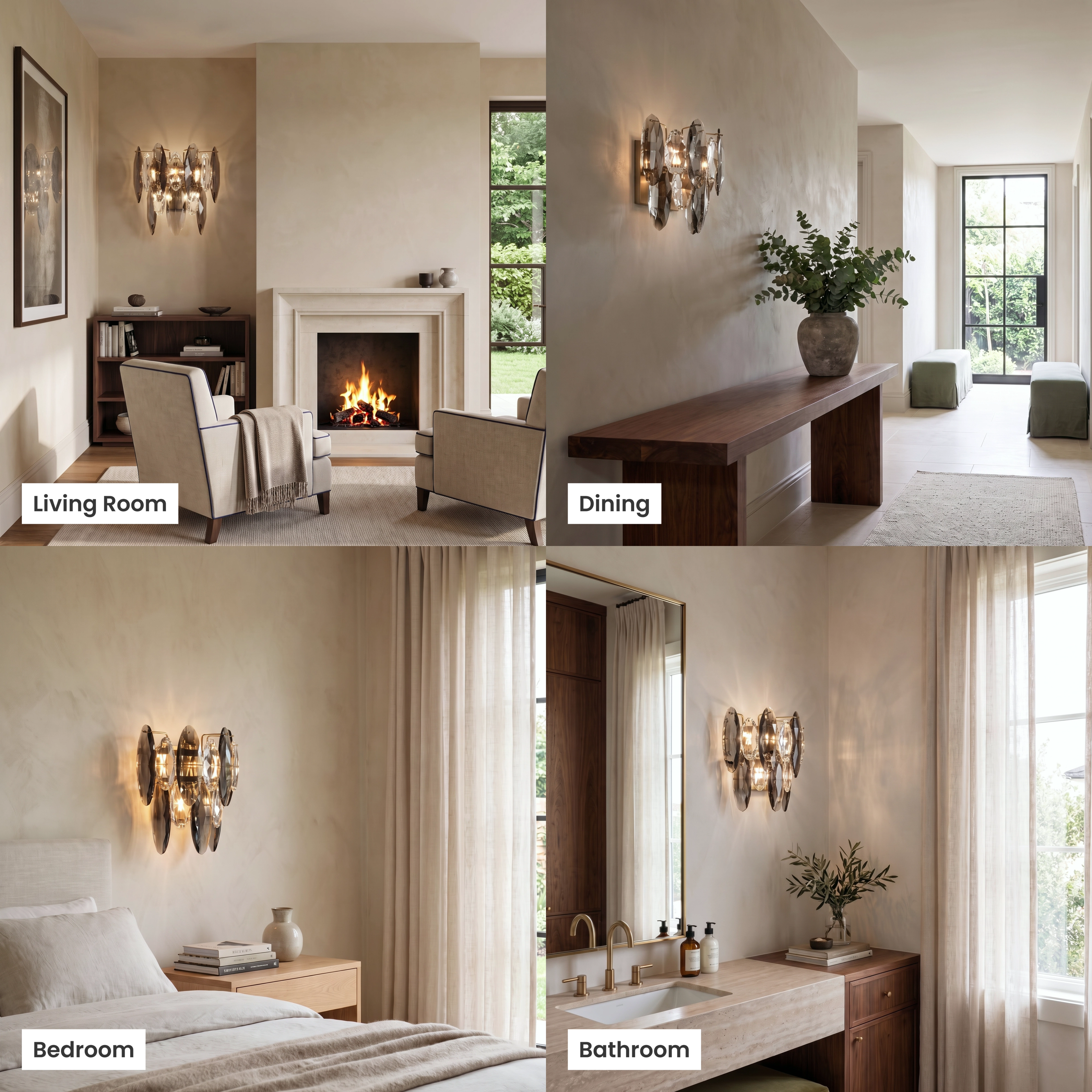 Celestial wall sconce, gold backplate with tiered crystal drops, shown in living room, dining, bedroom and commercial setting
