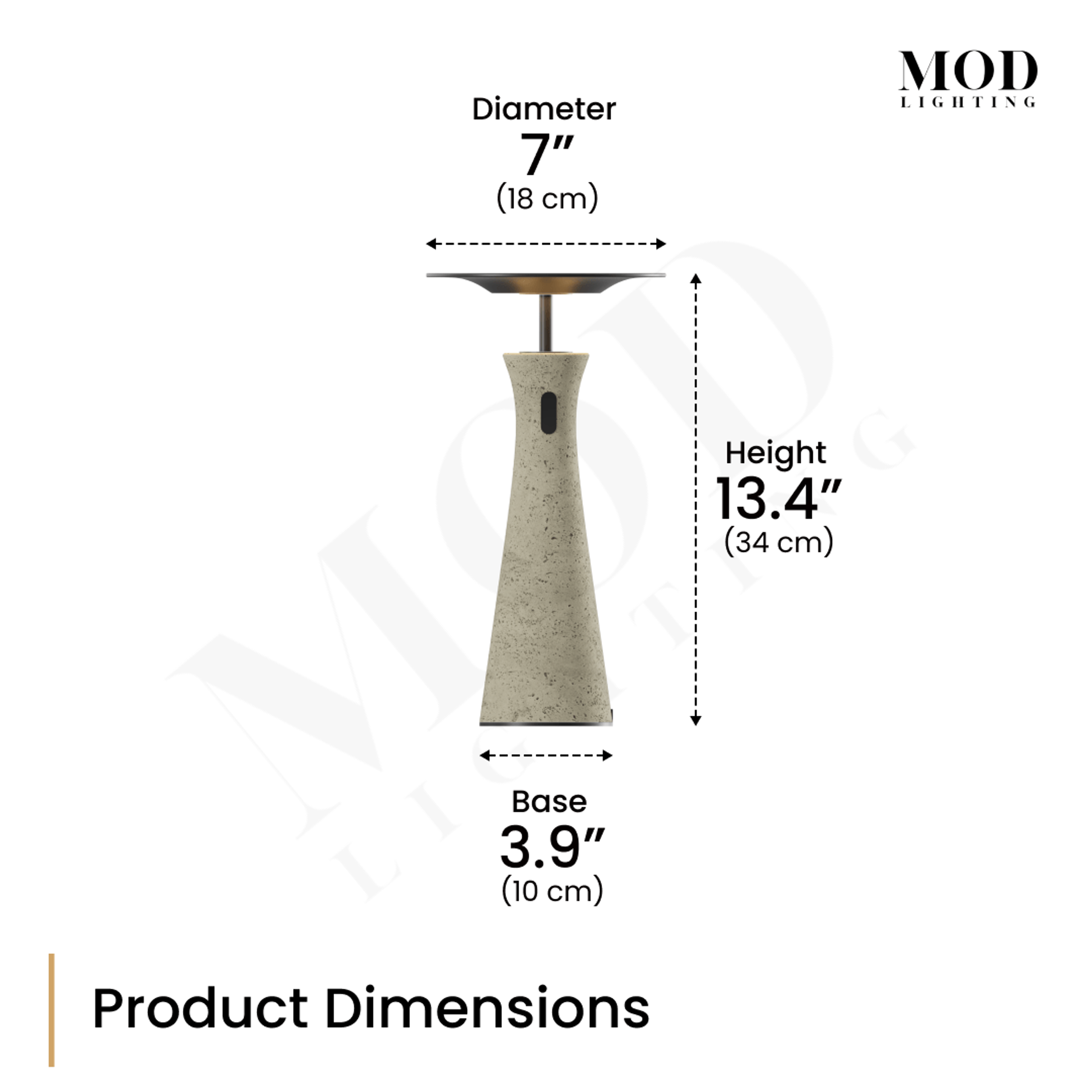 Dara dimension diagram: tapered travertine table lamp, 7" disc diameter, 13.4" height, 3.9" base