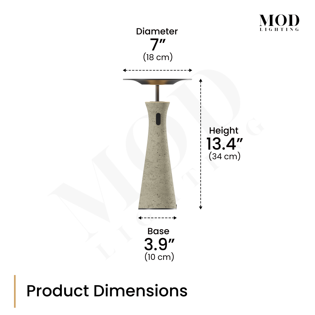 Dara dimension diagram: tapered travertine table lamp, 7" disc diameter, 13.4" height, 3.9" base