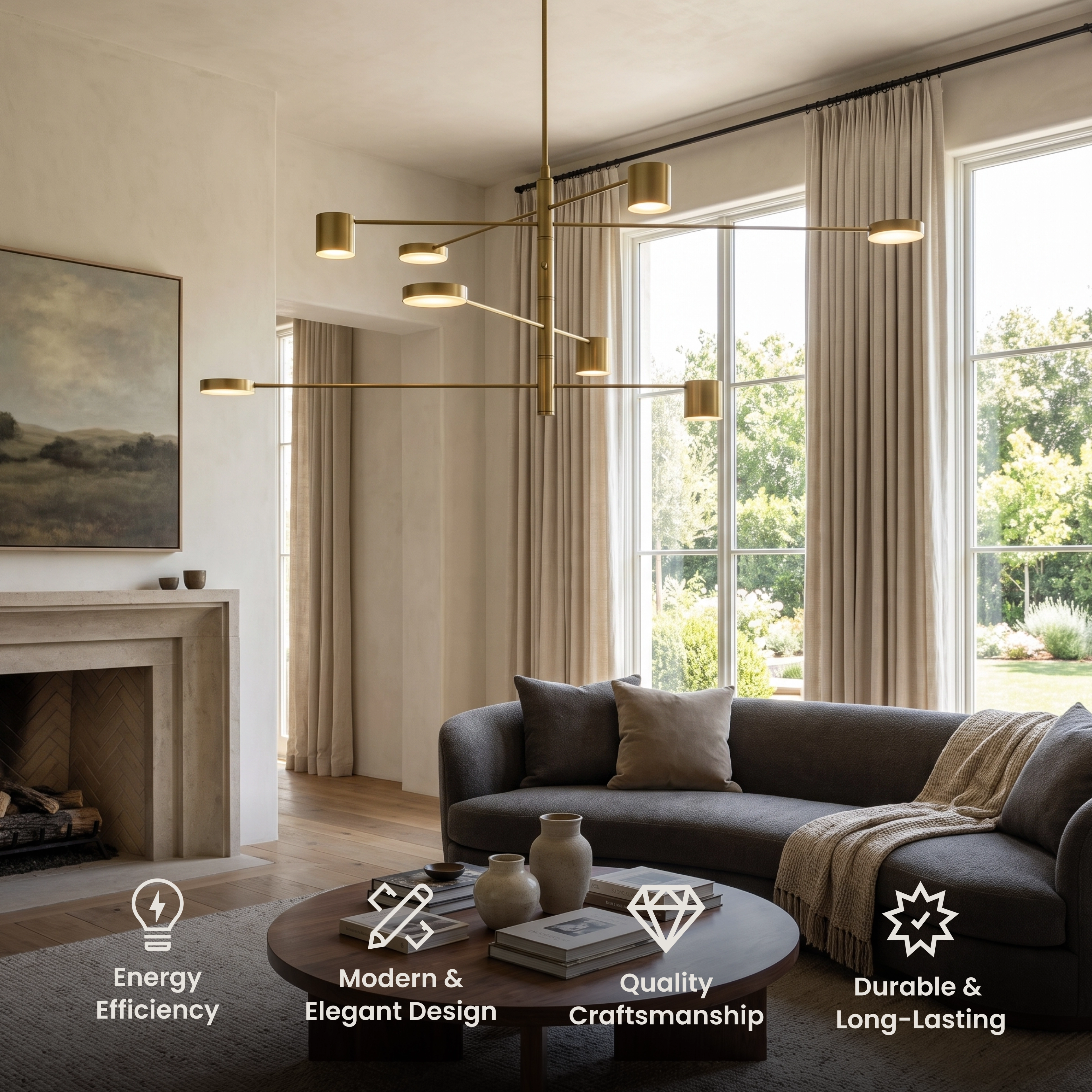 Lynx chandelier, thin gold rings with slim tube lights suspended over a living, dining and bedroom
