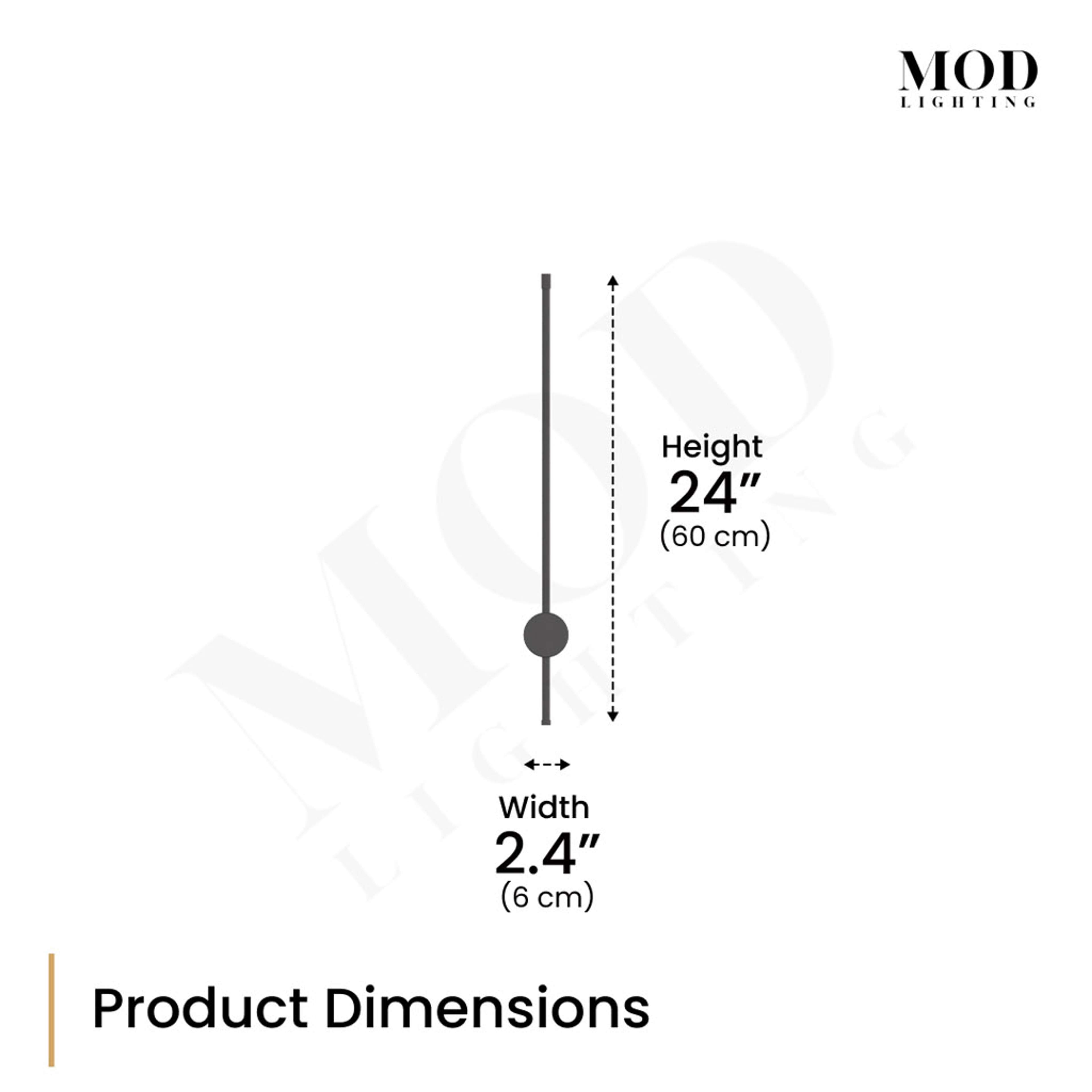 Cadel stick wall light dimension diagram: 24 in (60 cm) tall, 2.4 in (6 cm) wide