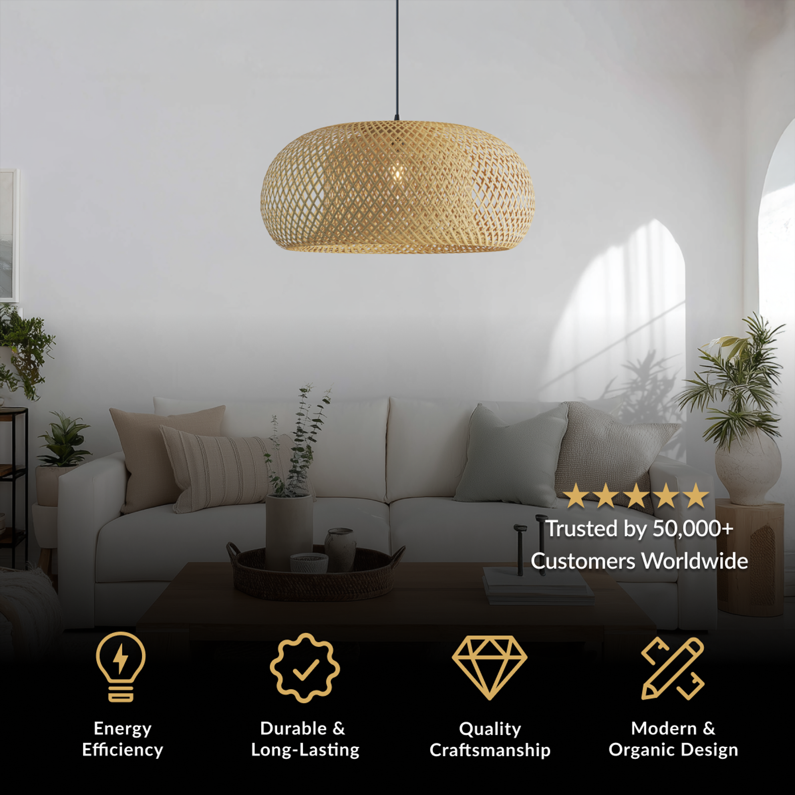 Amara chandelier, rounded woven bamboo drum pendant over a living room sofa