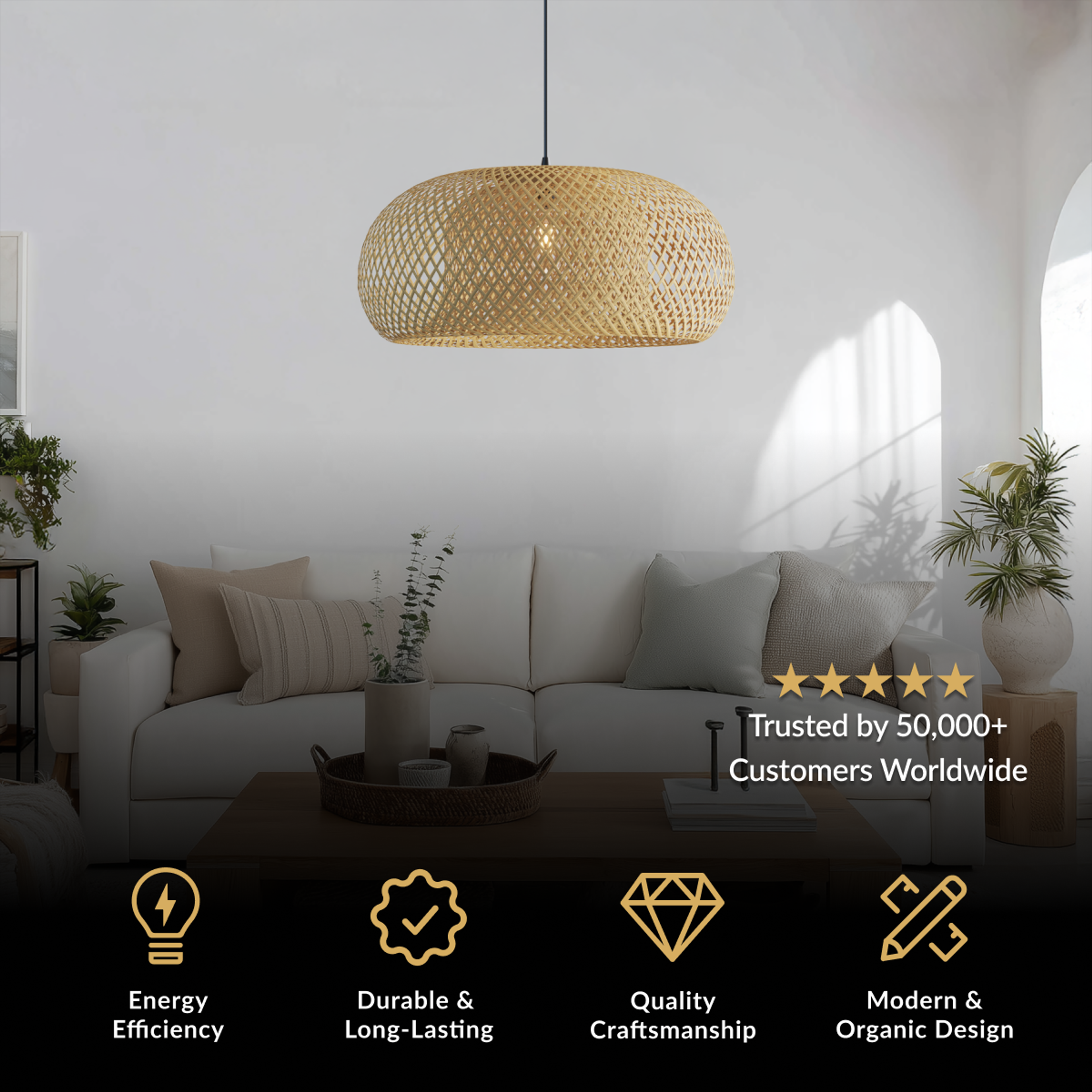 Amara chandelier, rounded woven bamboo drum pendant over a living room sofa