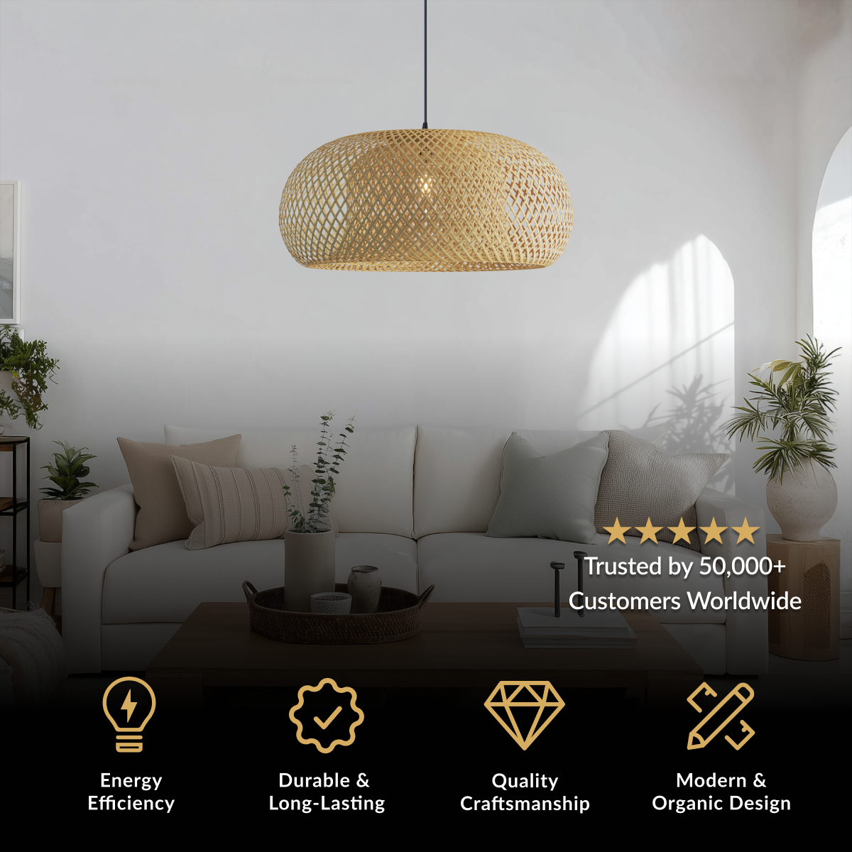 Amara chandelier, rounded woven bamboo drum pendant over a living room sofa