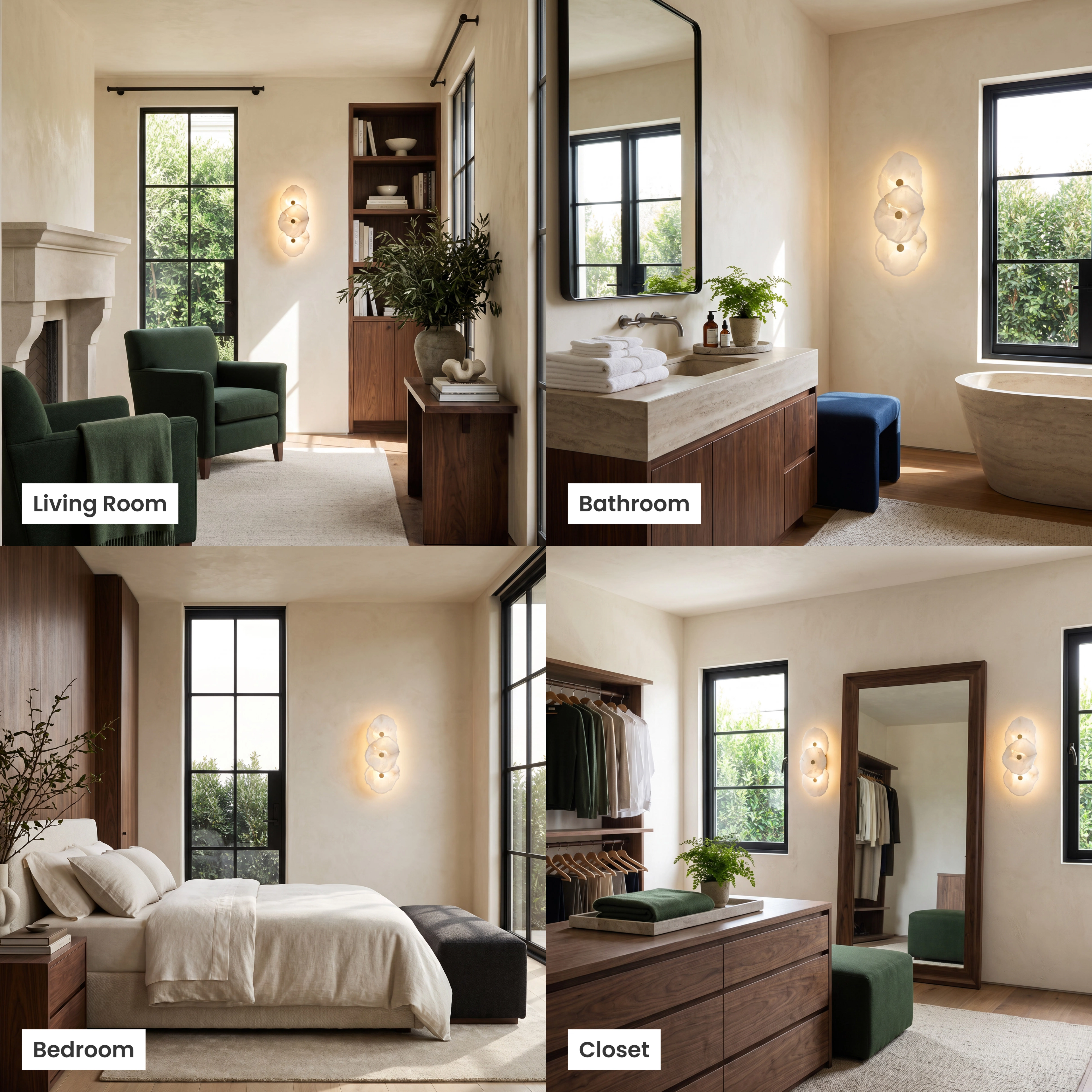 Alba Sconce Smart alabaster wall sconce shown in a living room, bathroom, bedroom and closet