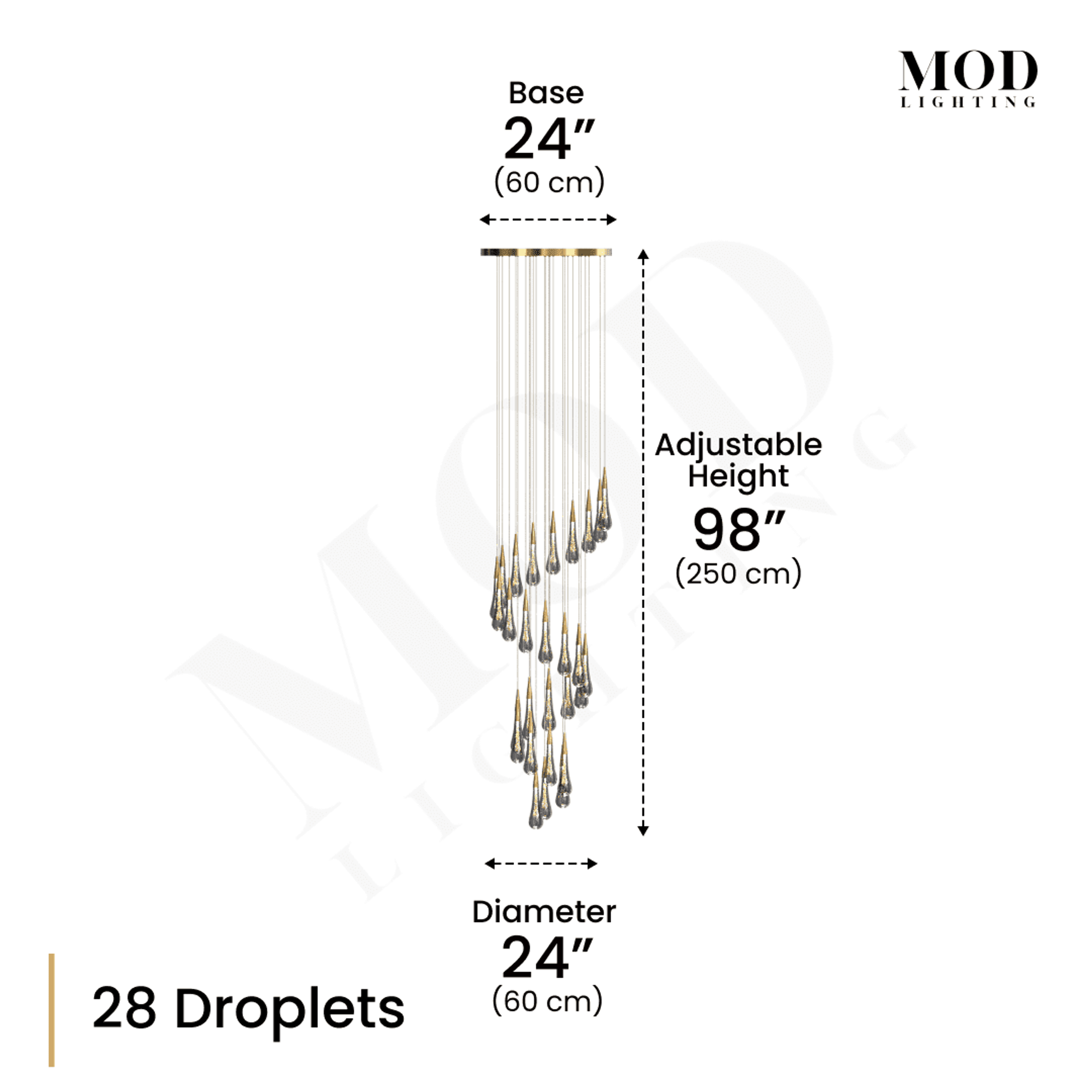 Indra dimension diagram, 28 spiral crystal droplets, 24" base and diameter, 98" adjustable height