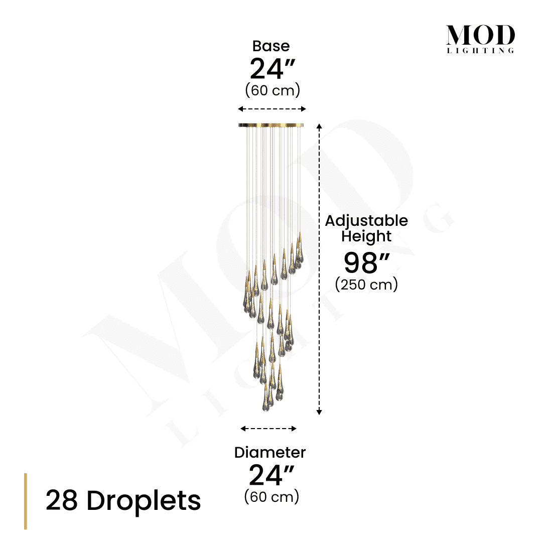 Indra dimension diagram, 28 spiral crystal droplets, 24" base and diameter, 98" adjustable height