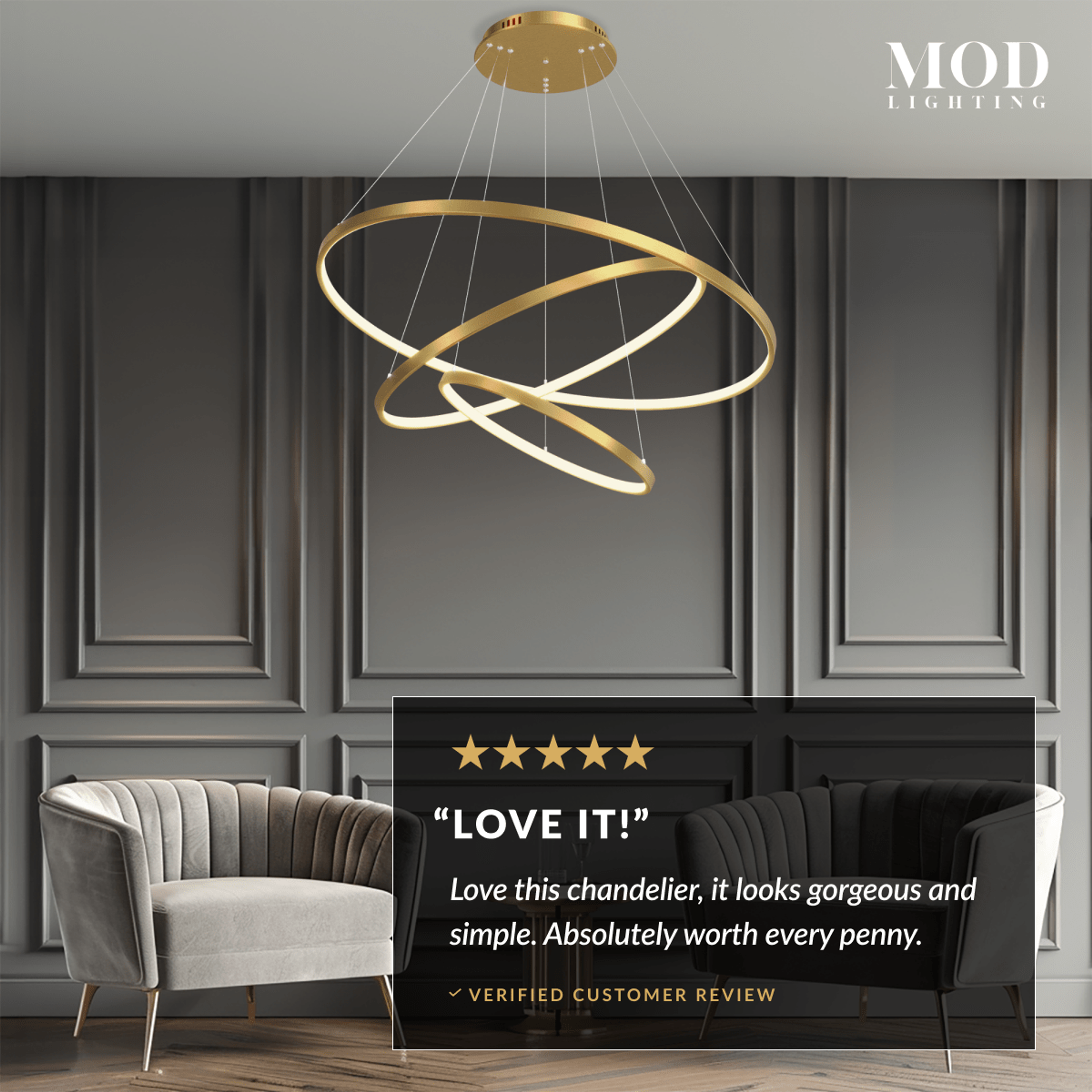 Janet ring chandelier, black spiraling rings, warm white, suspended in a two-story living room