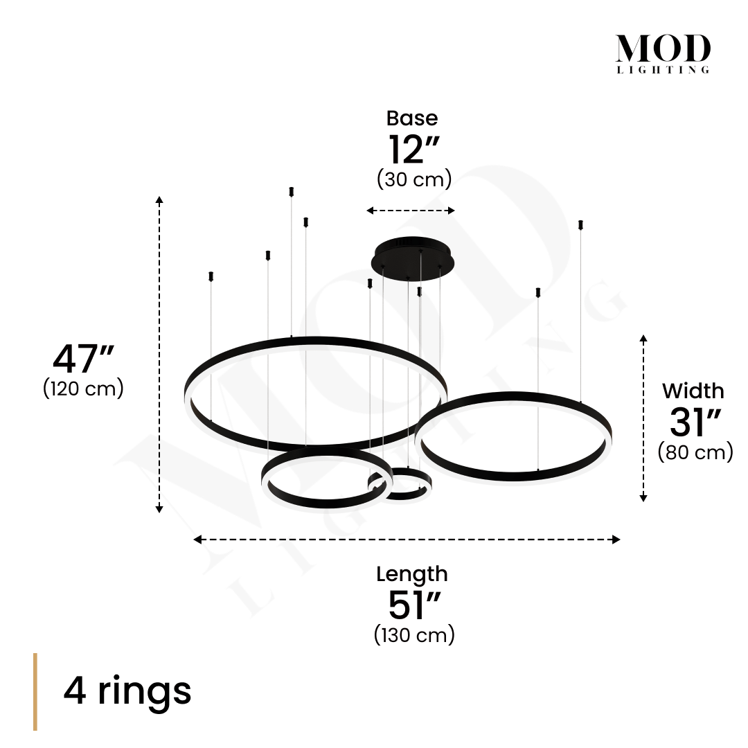 Charlotte black ring chandelier dimension diagram, 4 rings, 47" high, 51" length, 31" width, 12" base