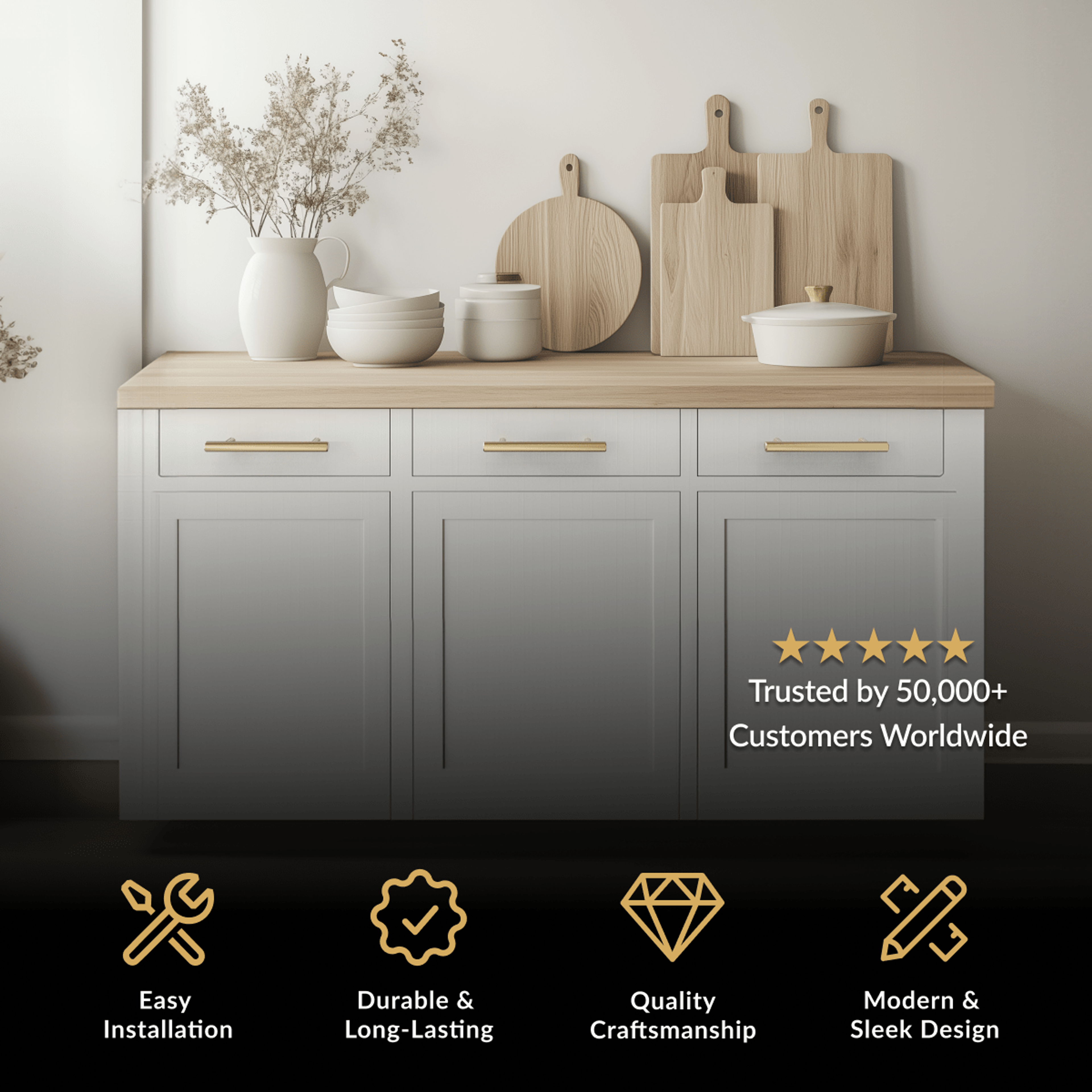 Alison Cabinet Pull in brushed gold, bar pulls on white shaker cabinets with a wood countertop
