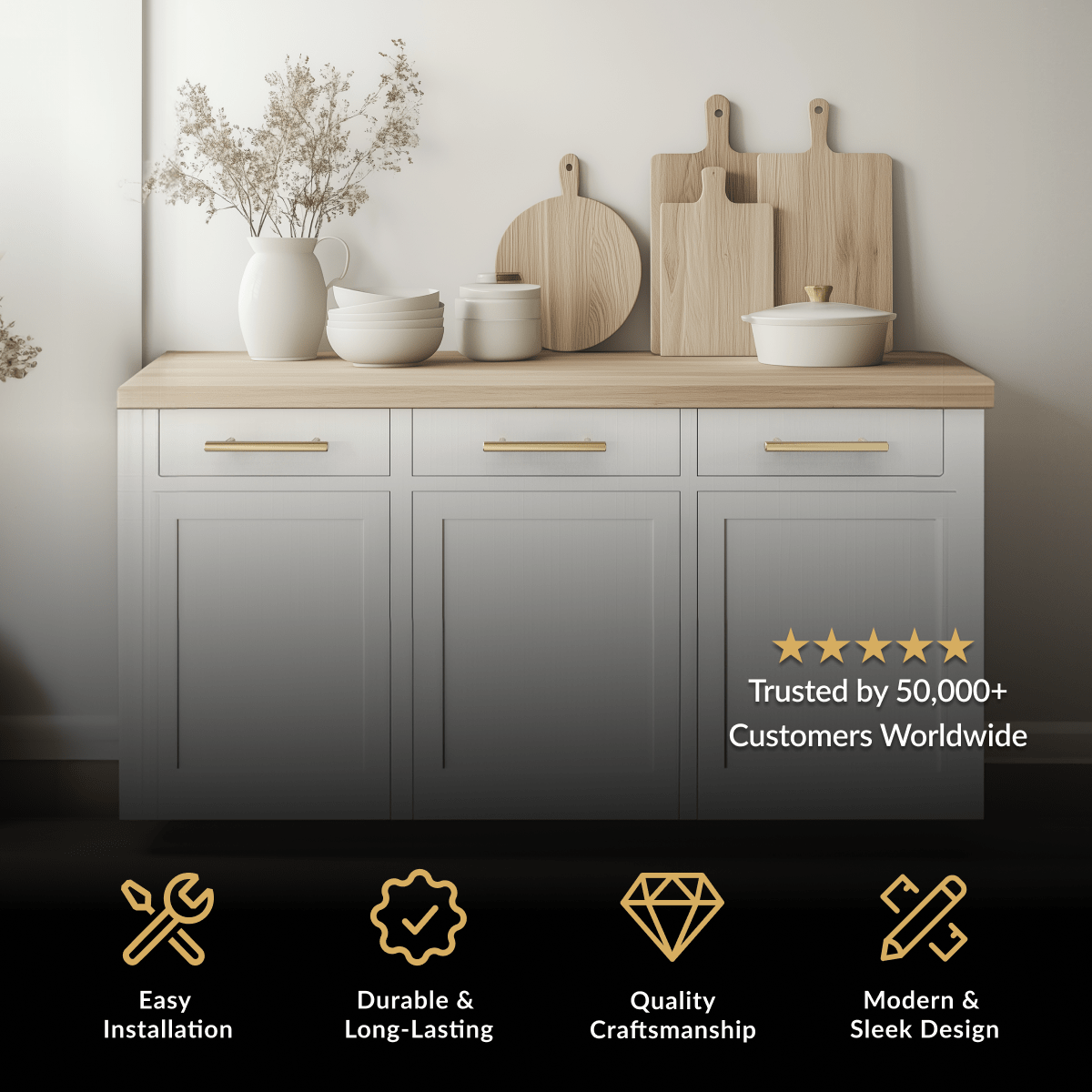 Alison Cabinet Pull in brushed gold, bar pulls on white shaker cabinets with a wood countertop