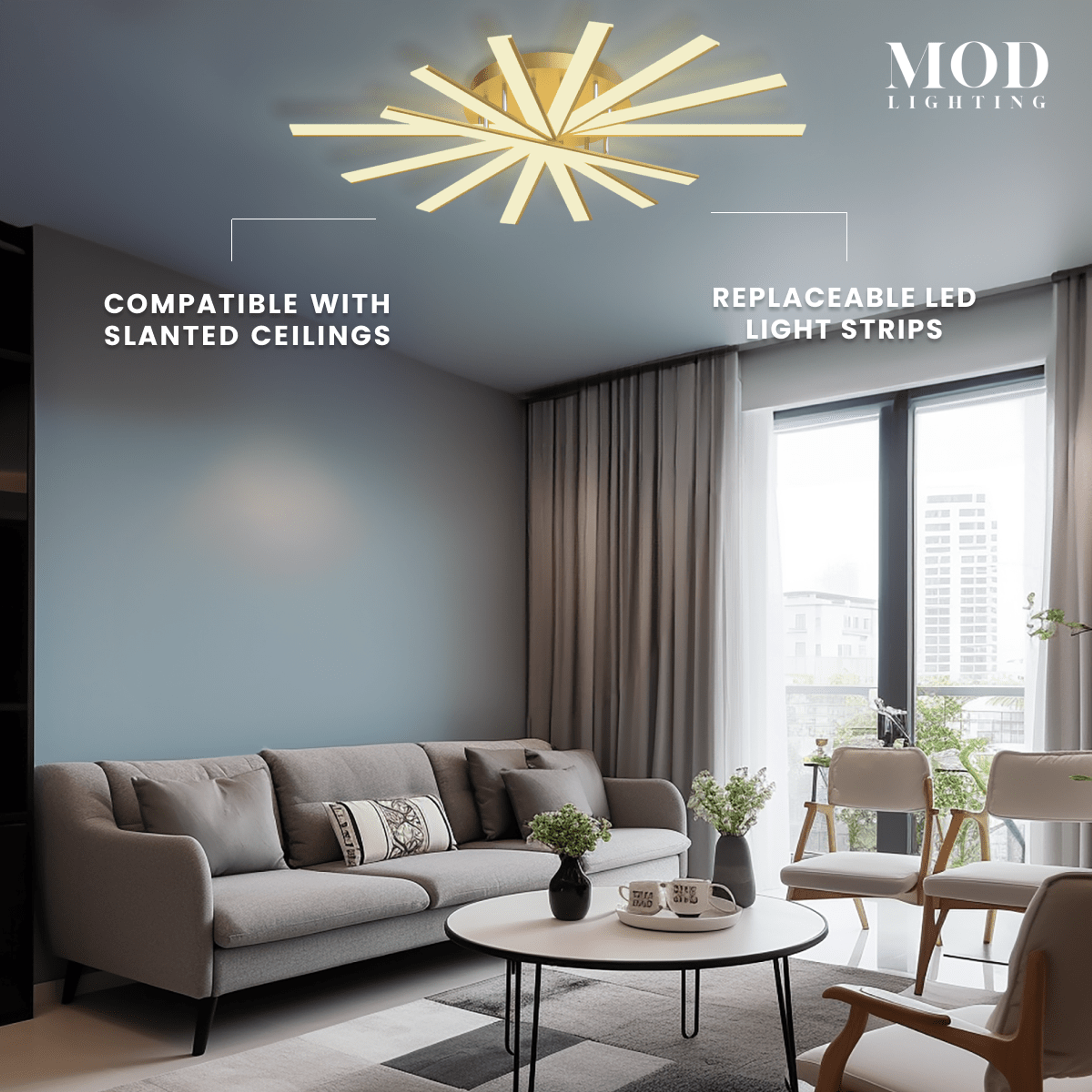 Jayce ceiling light with warm-white LED bars over a sofa, noting slanted-ceiling and replaceable strips