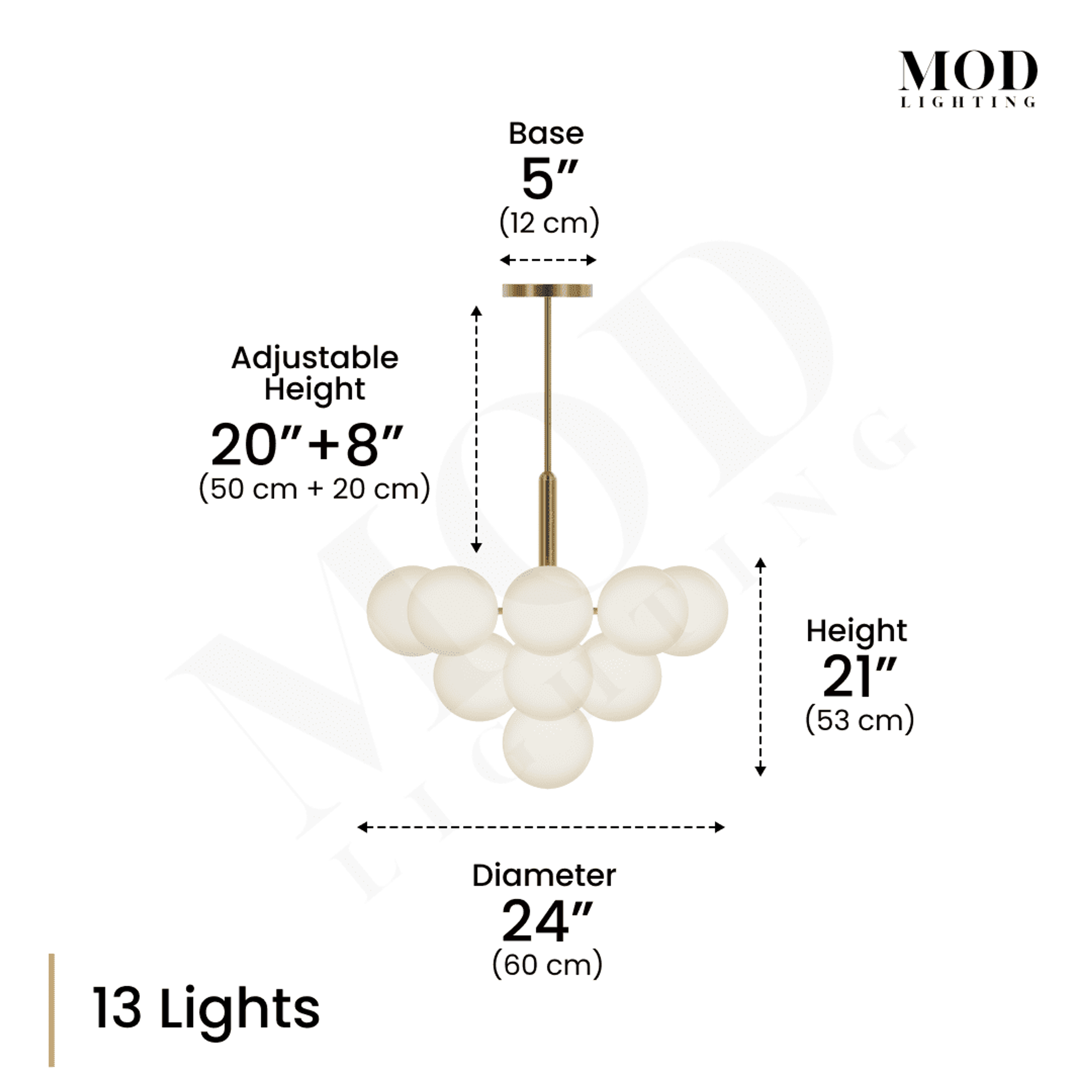 Angelica brushed-gold pendant dimension diagram, 13-globe opal-glass cluster with 24" diameter and adjustable drop