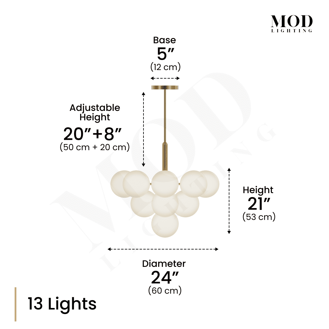 Angelica brushed-gold pendant dimension diagram, 13-globe opal-glass cluster with 24" diameter and adjustable drop
