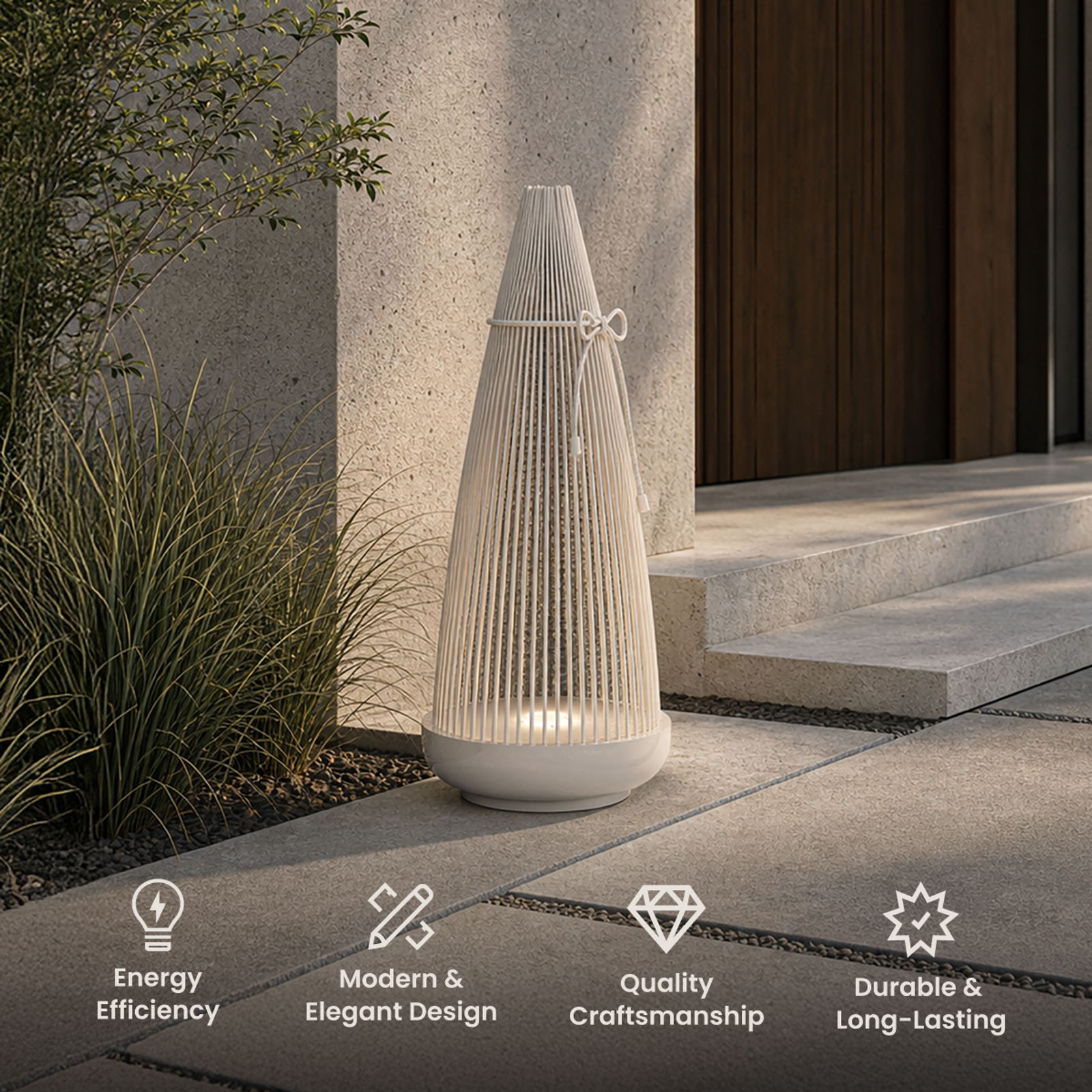Birch white woven cone lantern beside front steps, with energy, design, craftsmanship and durability icons