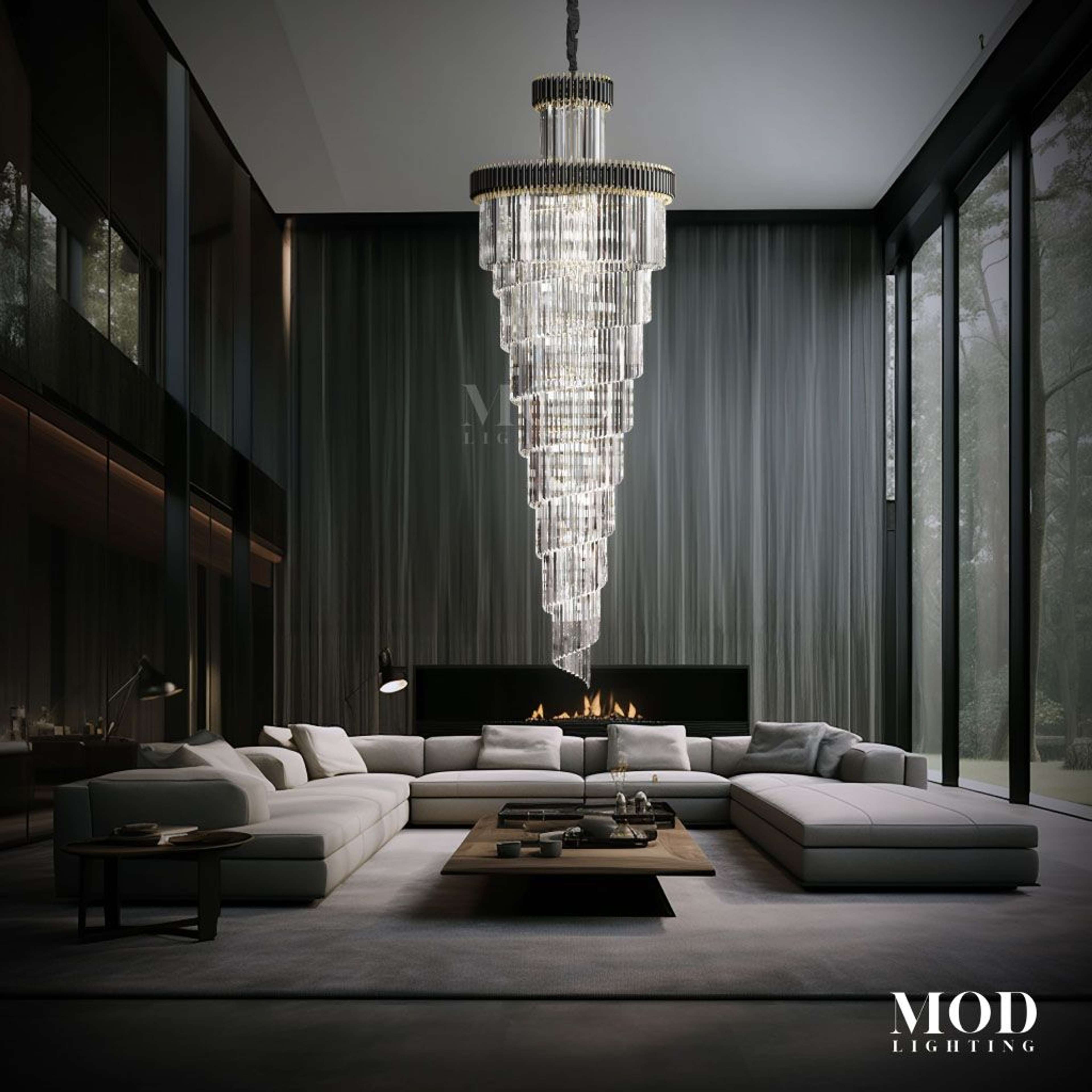 Onyx spiral chandelier, tall cascading helix of clear crystal rods, above a sofa in a dark living room