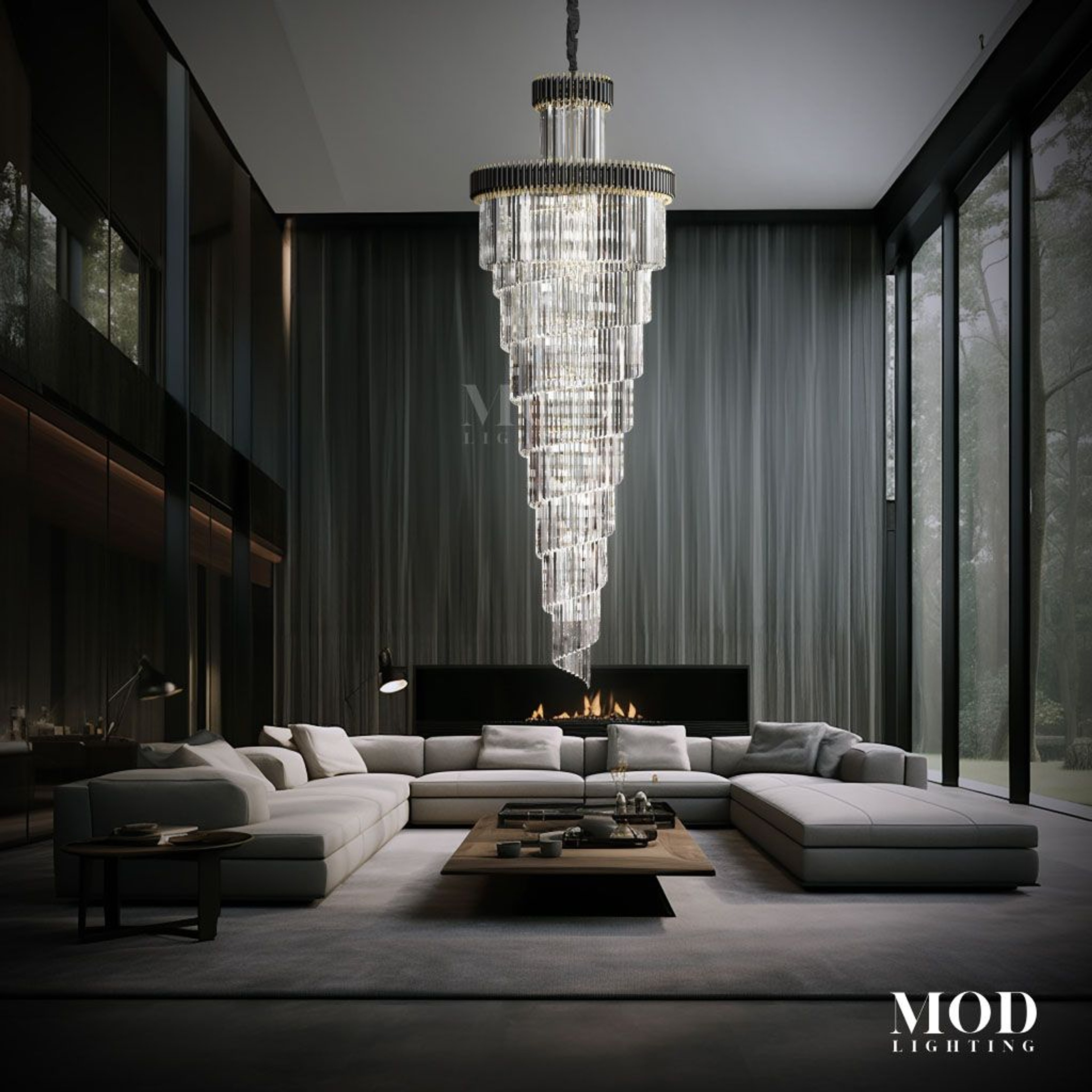 Onyx spiral chandelier, tall cascading helix of clear crystal rods, above a sofa in a dark living room