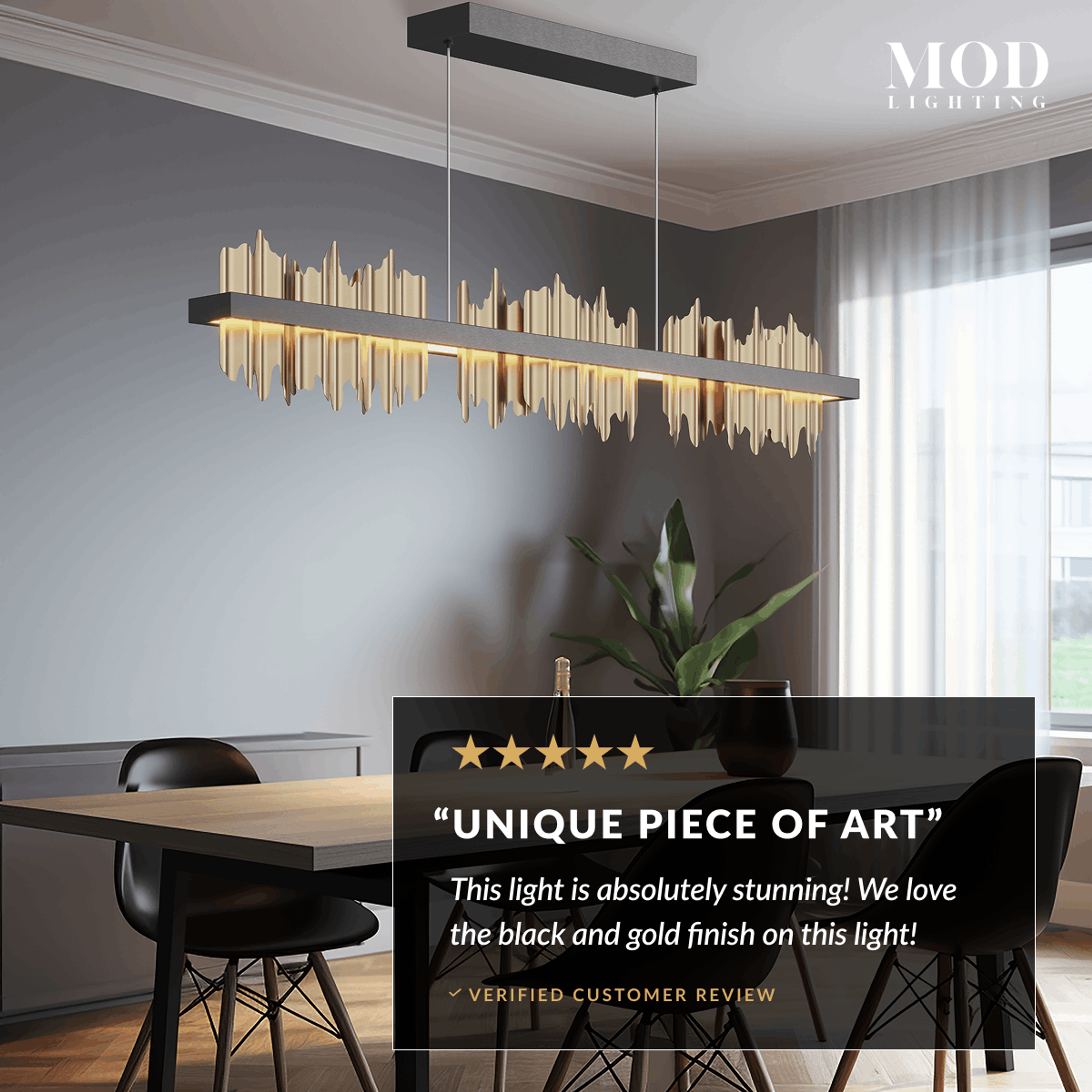 Aurelius Pendant black and gold linear crystal bar chandelier over a dining area, with a five-star review