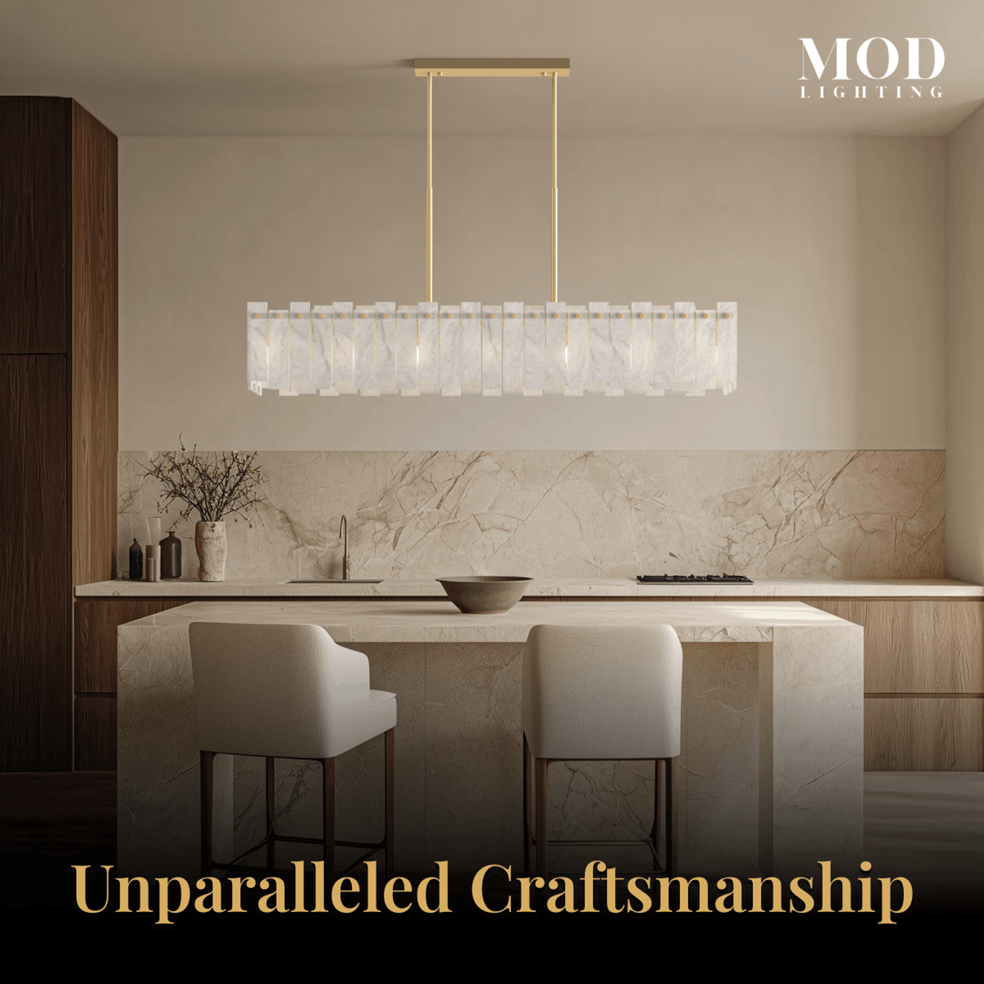 Velina Pendant gold linear alabaster fixture with panelled shade over a marble kitchen island