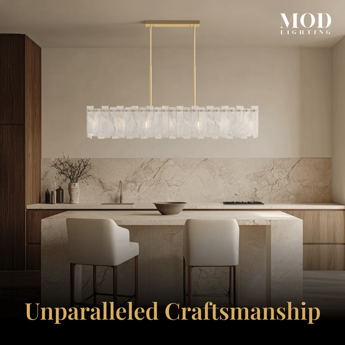 Velina Pendant gold linear alabaster fixture with panelled shade over a marble kitchen island